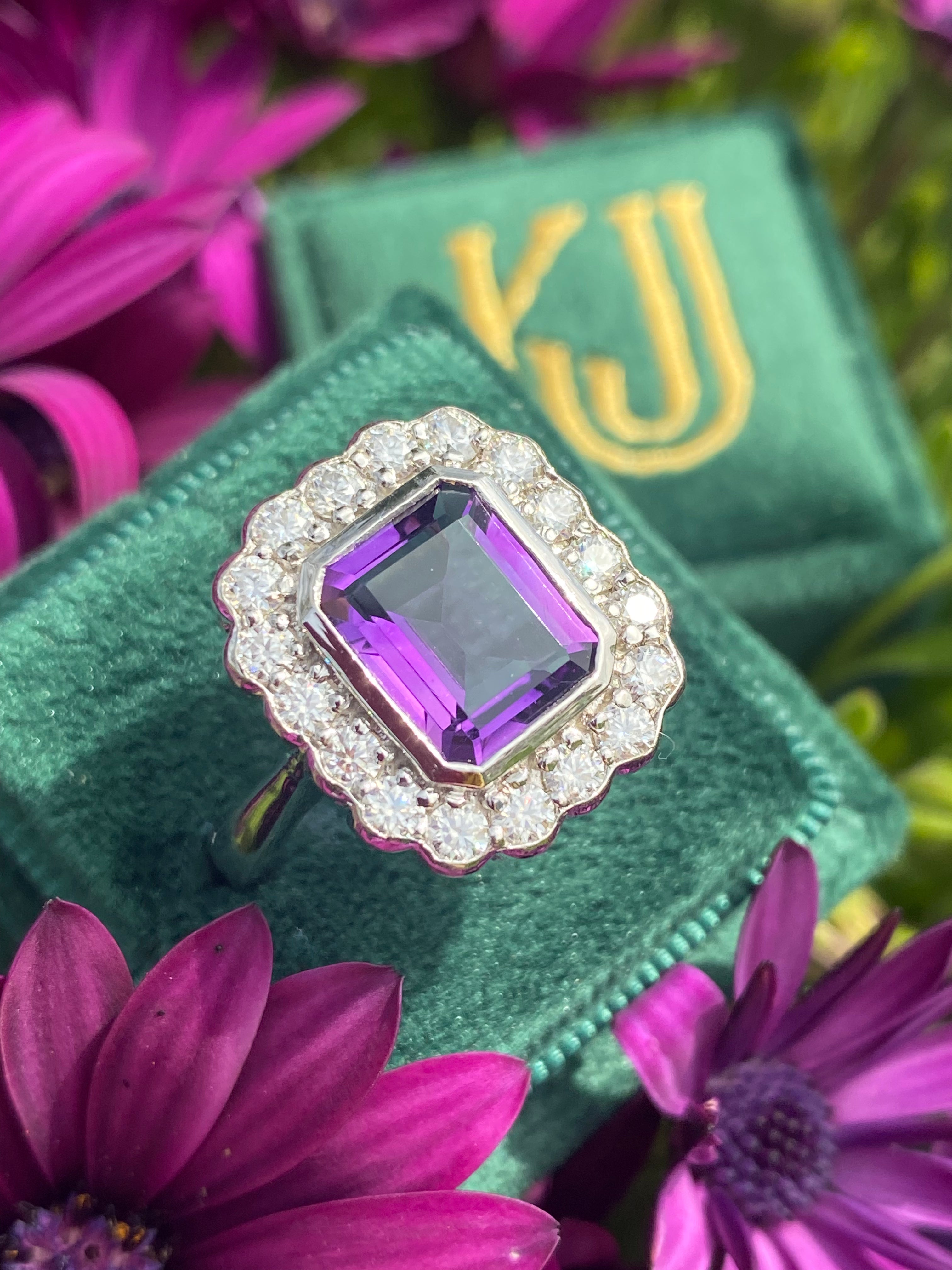 4.25 CTW Emerald Cut Amethyst and Moissanite Halo Cocktail Ring in Sterling Silver