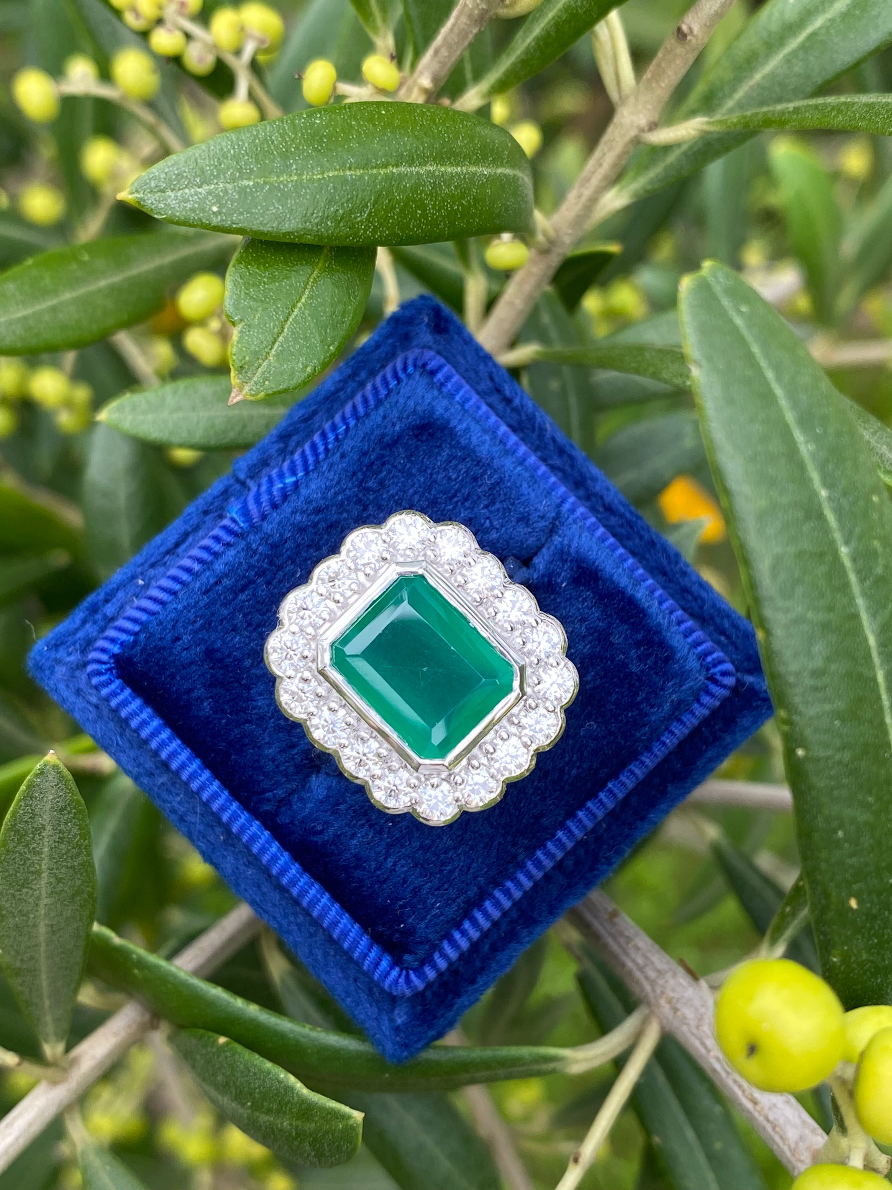 4.25 CTW Emerald Cut Green Onyx and Moissanite Halo Cocktail Ring in Sterling Silver