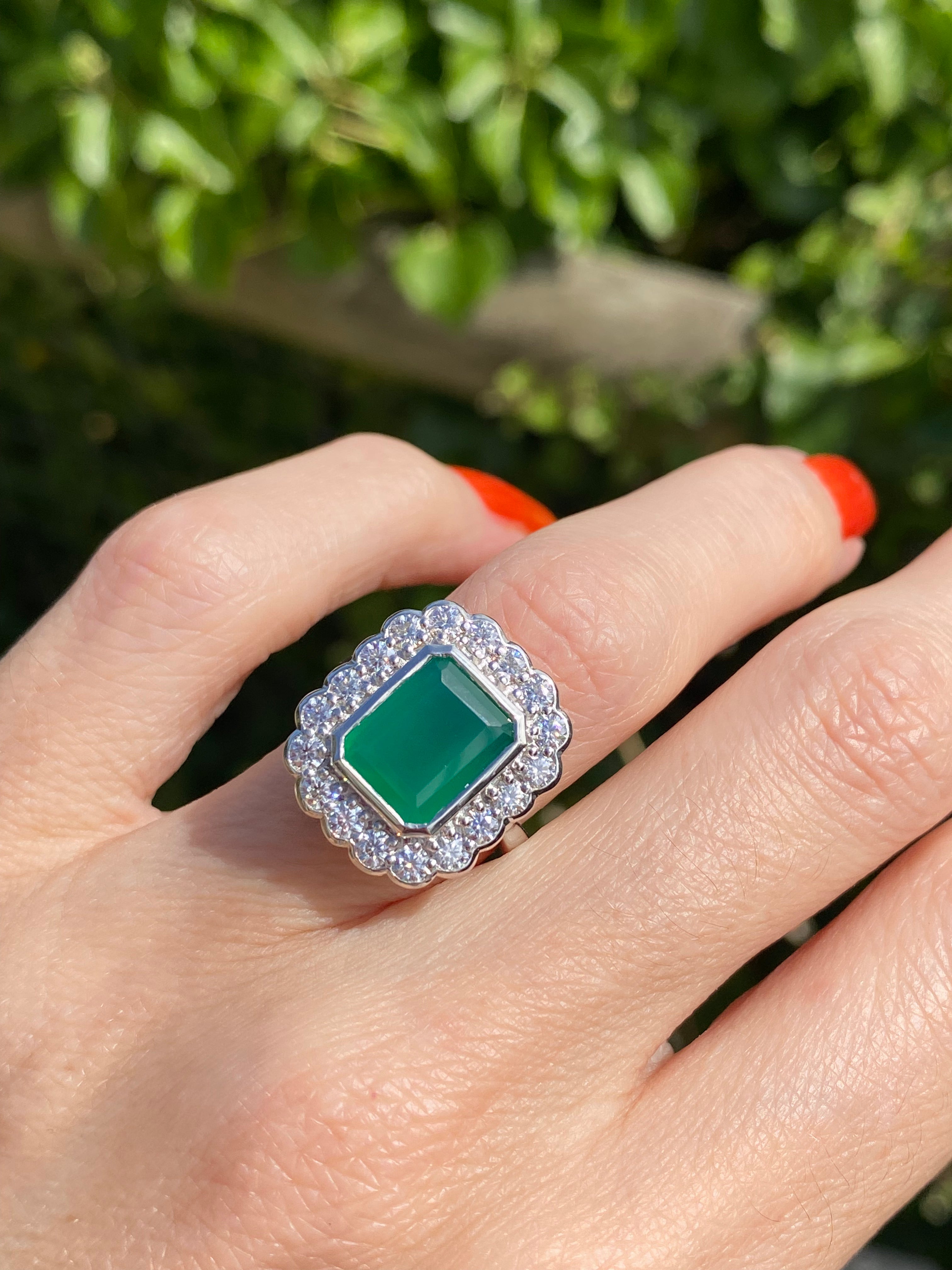 4.25 CTW Emerald Cut Green Onyx and Moissanite Halo Cocktail Ring in Sterling Silver