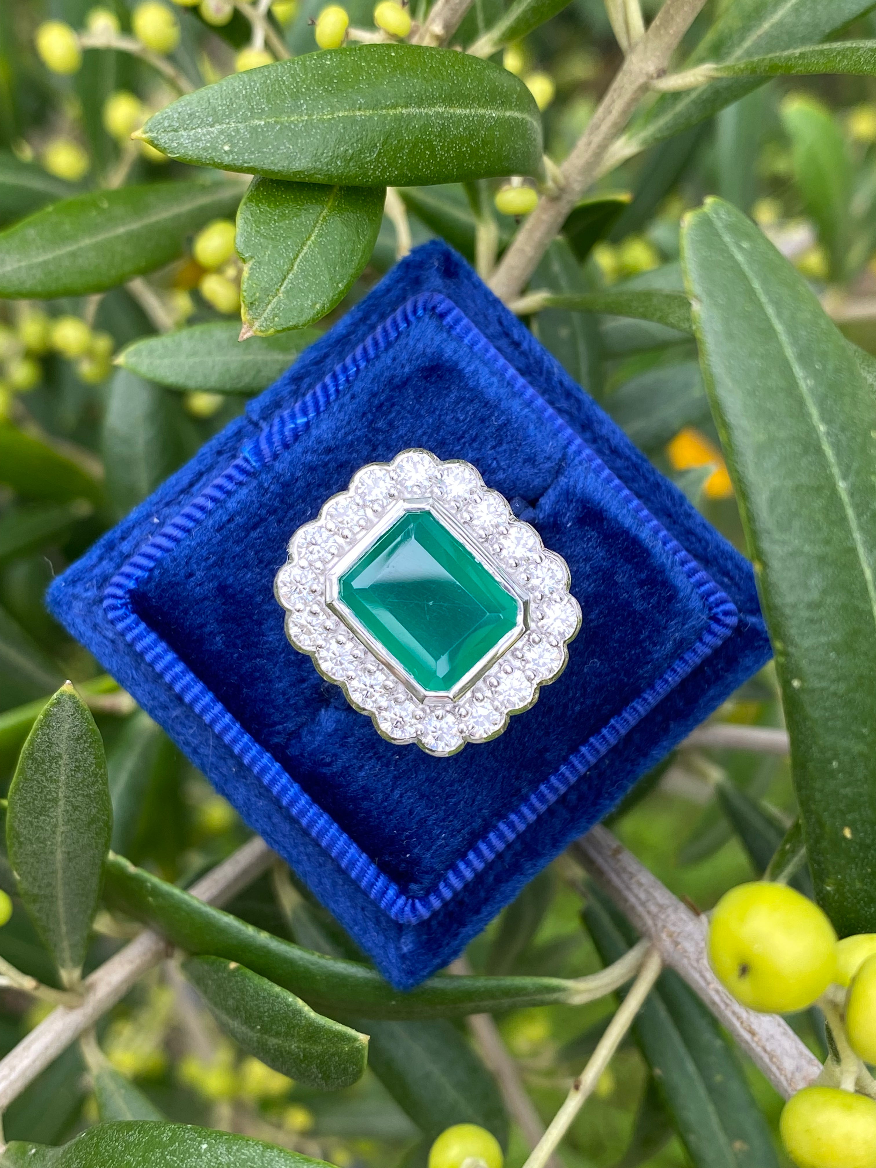 4.25 CTW Emerald Cut Green Onyx and Moissanite Halo Cocktail Ring in Sterling Silver