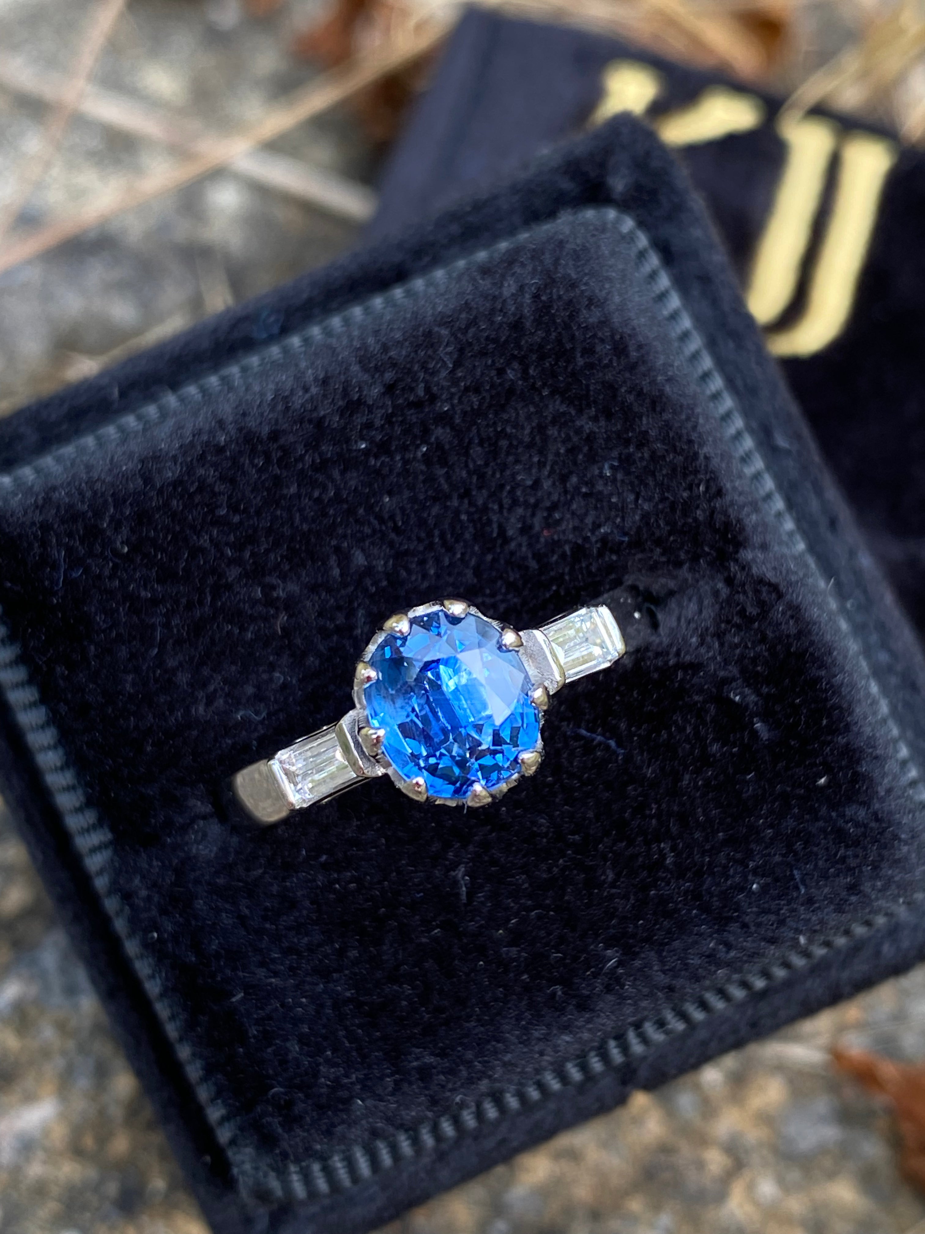 1.25 Carat Blue Ceylon Sapphire and Diamond Three Stone Ring in Platinum