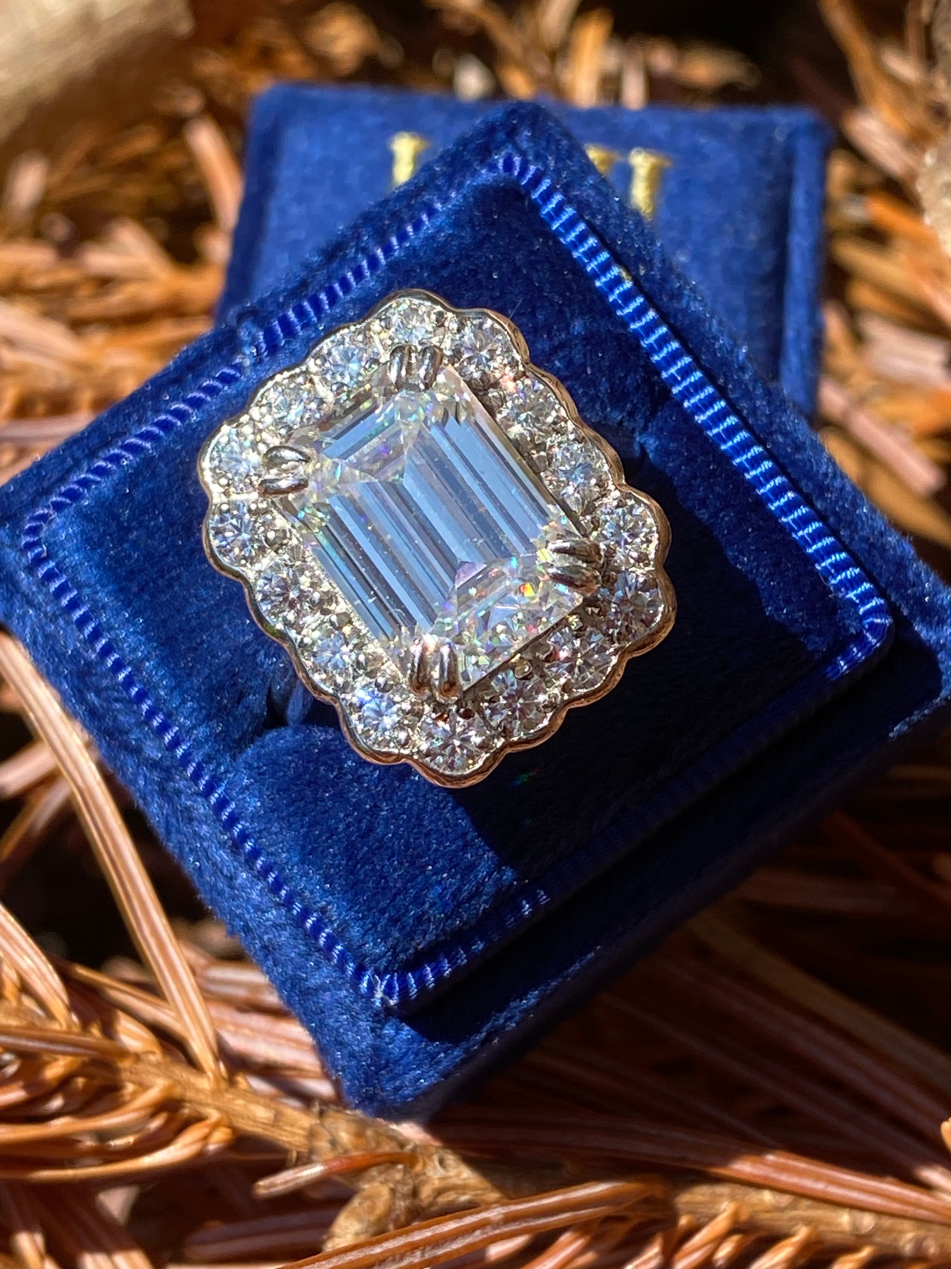 10.06 Carat Emerald Cut Moissanite Halo Engagement Ring in Sterling Silver