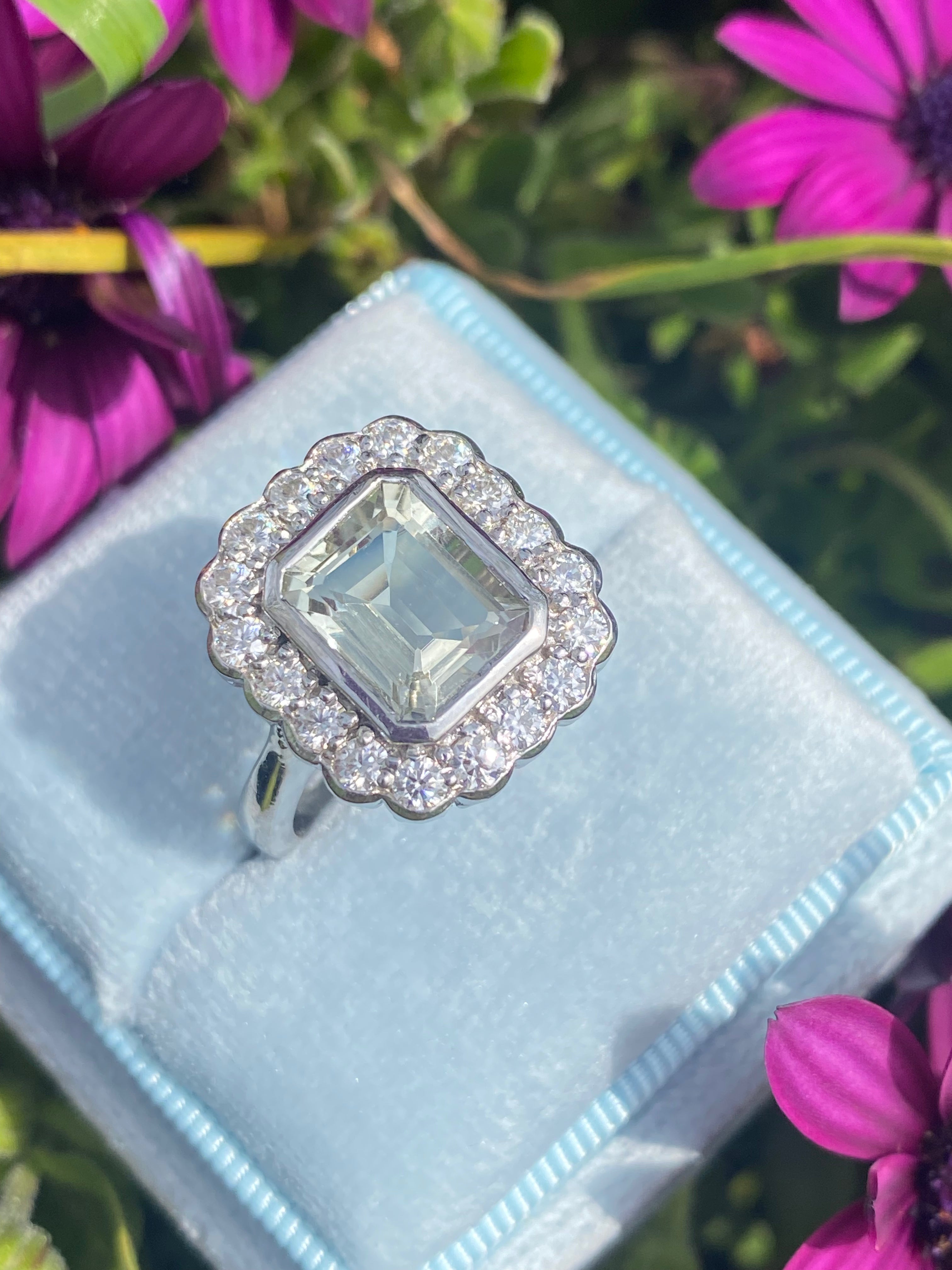 4.25 CTW Emerald Cut Green Amethyst and Moissanite Halo Cocktail Ring in Sterling Silver