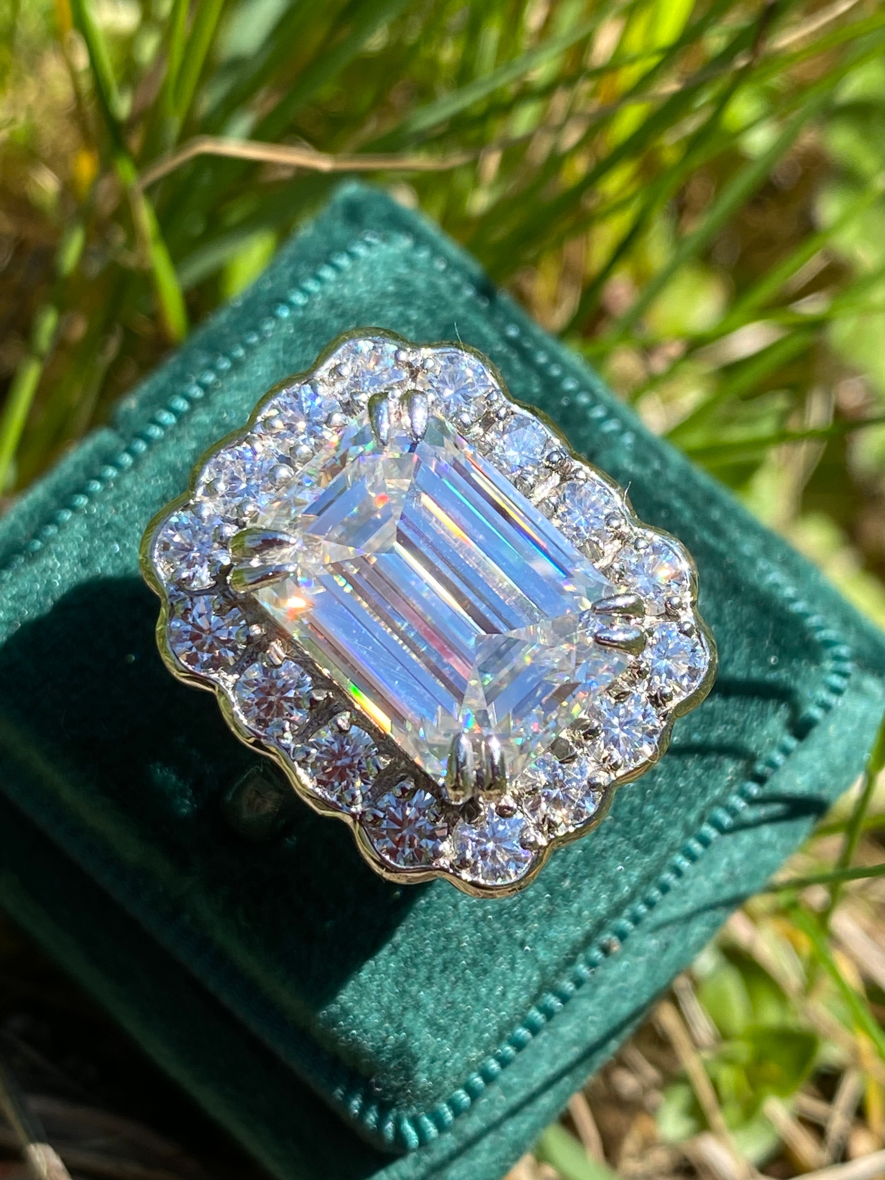 10.06 Carat Emerald Cut Moissanite Halo Engagement Ring in Sterling Silver