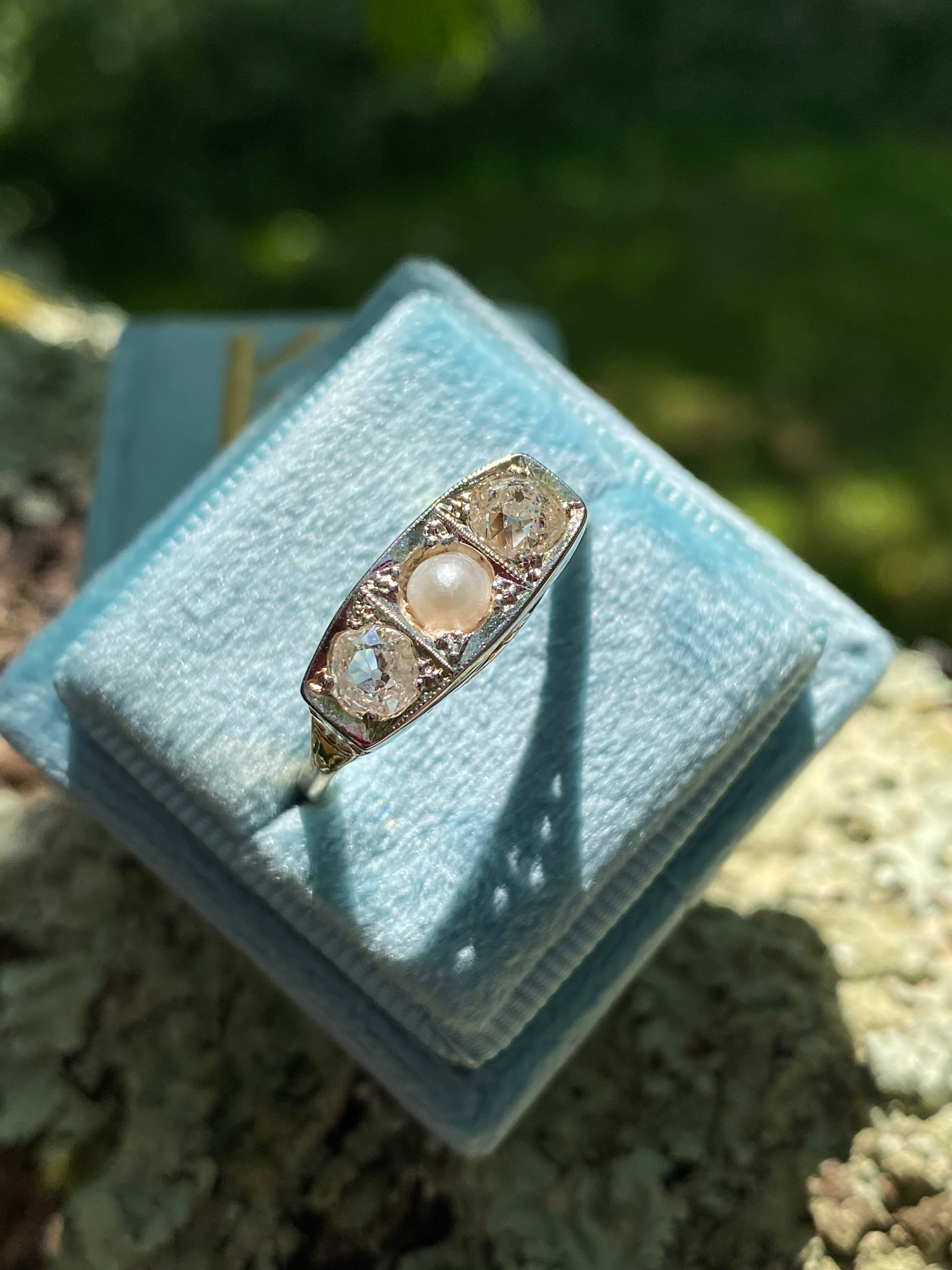Antique Old Cut Diamond and Pearl Ring in 18ct Yellow Gold