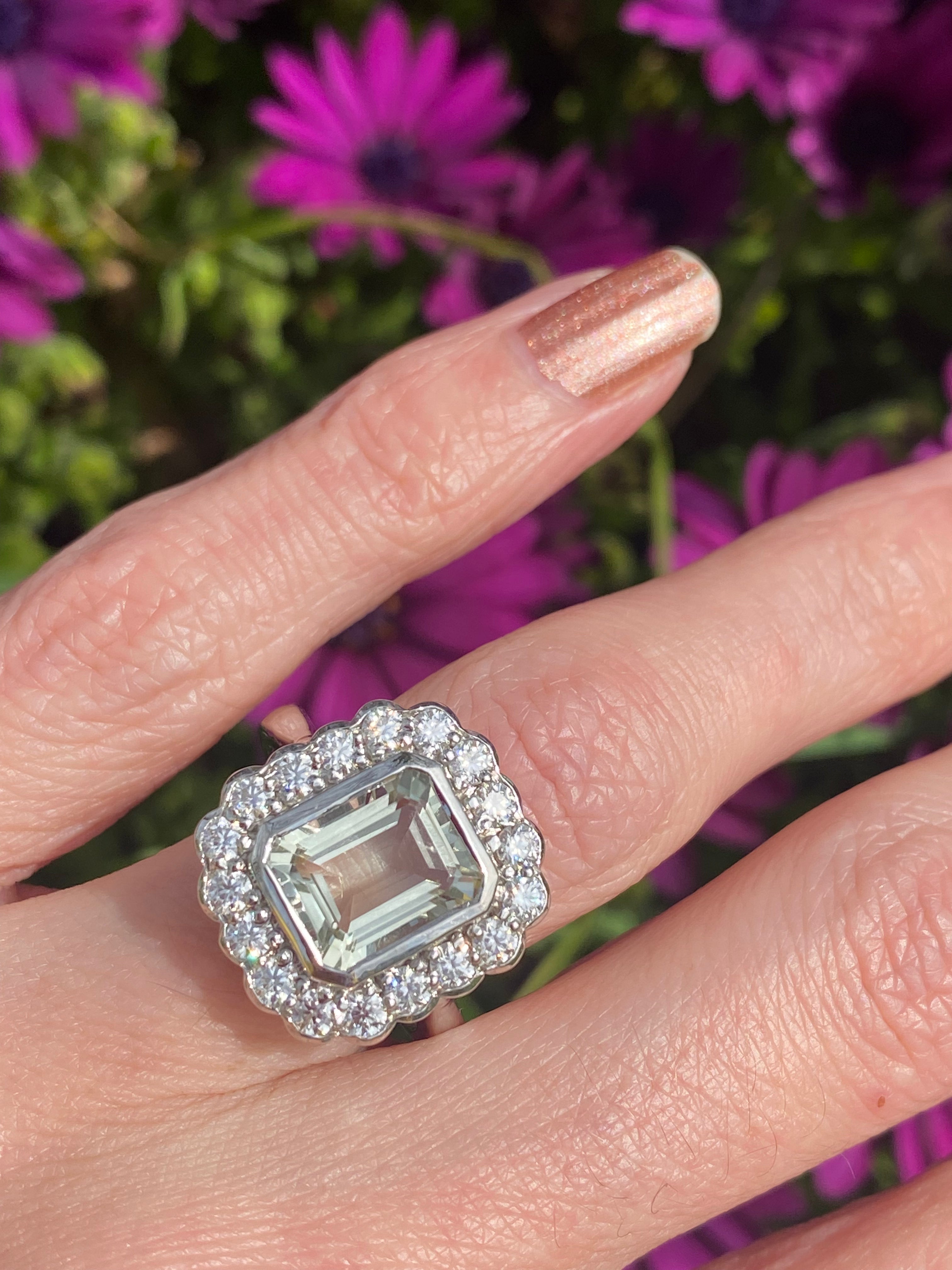 4.25 CTW Emerald Cut Green Amethyst and Moissanite Halo Cocktail Ring in Sterling Silver