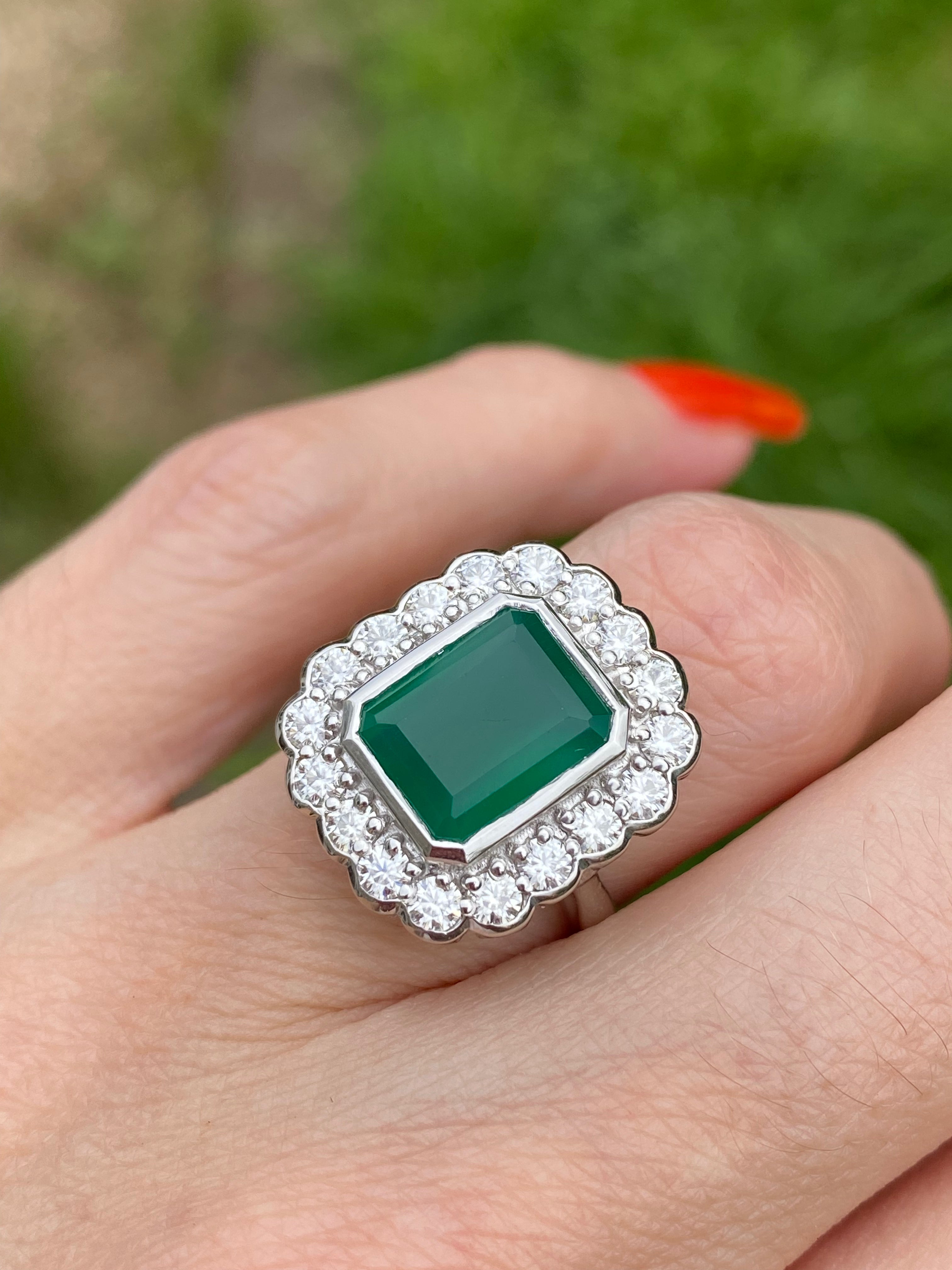 4.25 CTW Emerald Cut Green Onyx and Moissanite Halo Cocktail Ring in Sterling Silver