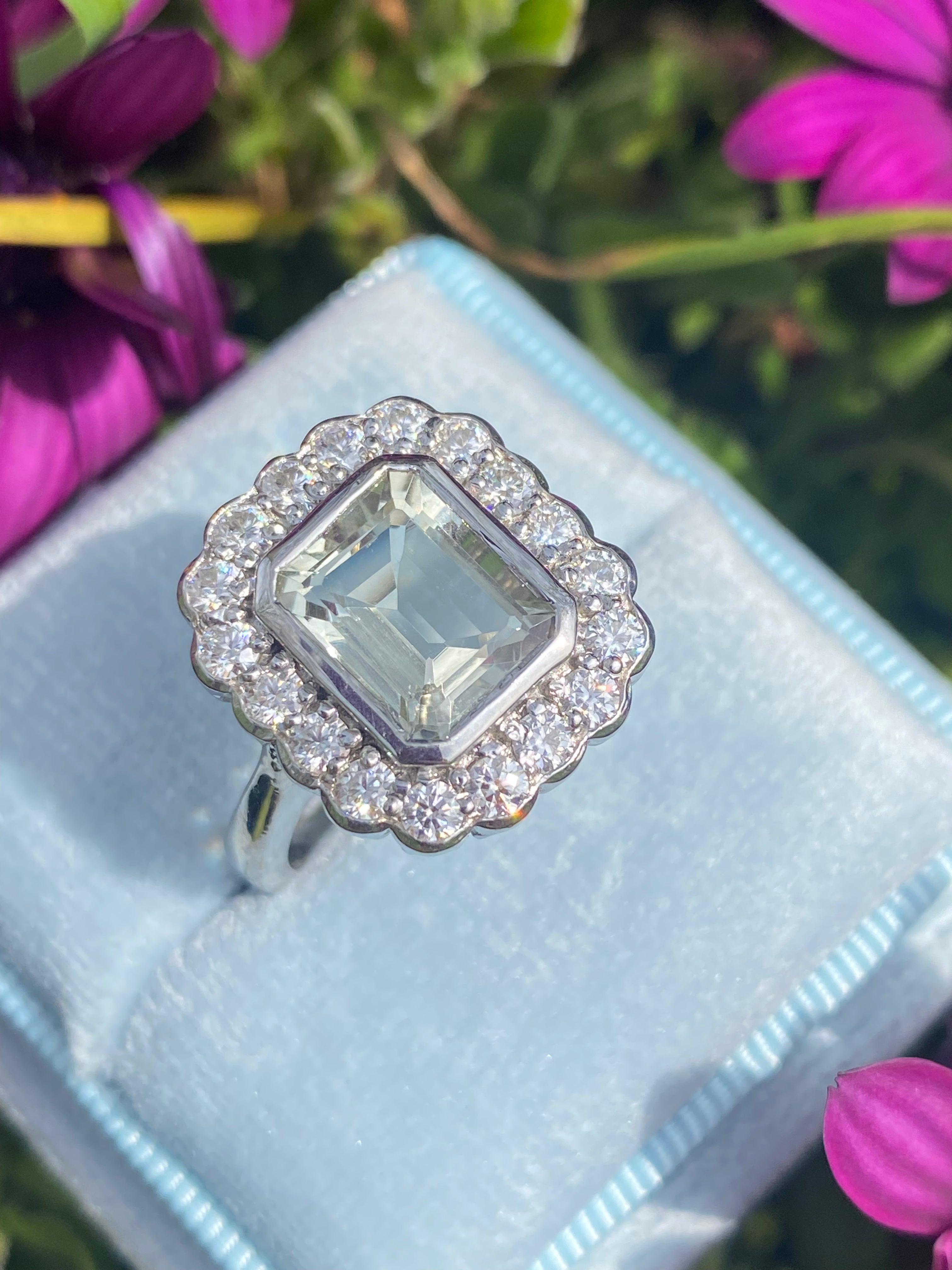 4.25 CTW Emerald Cut Green Amethyst and Moissanite Halo Cocktail Ring in Sterling Silver