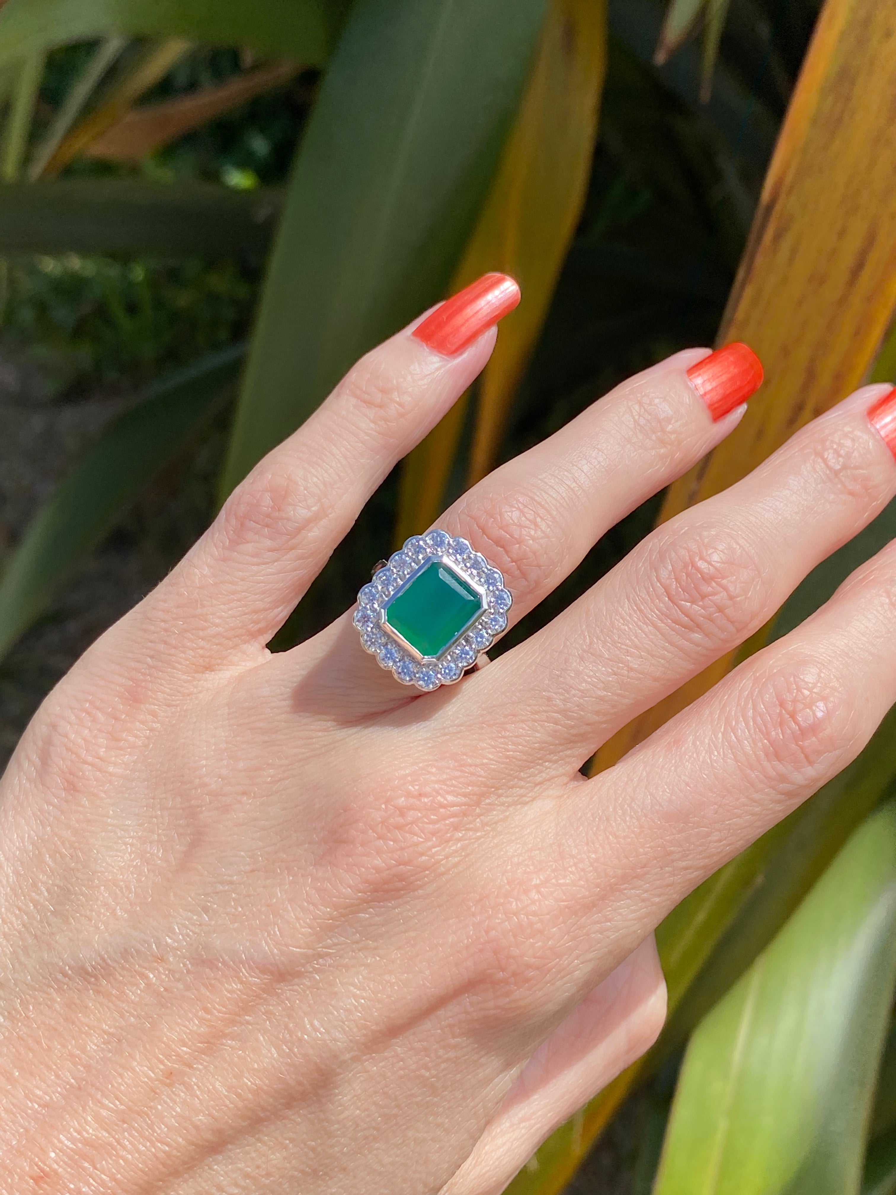 4.25 CTW Emerald Cut Green Onyx and Moissanite Halo Cocktail Ring in Sterling Silver