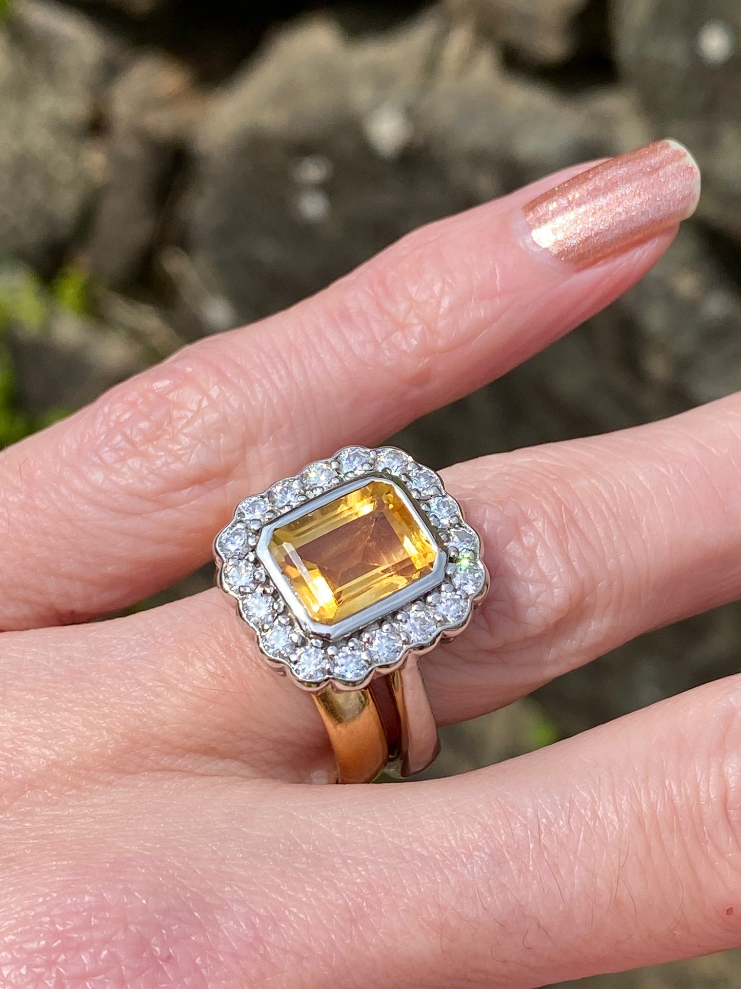 4.25 CTW Emerald Cut Citrine and Moissanite Halo Cocktail Ring Katherine James