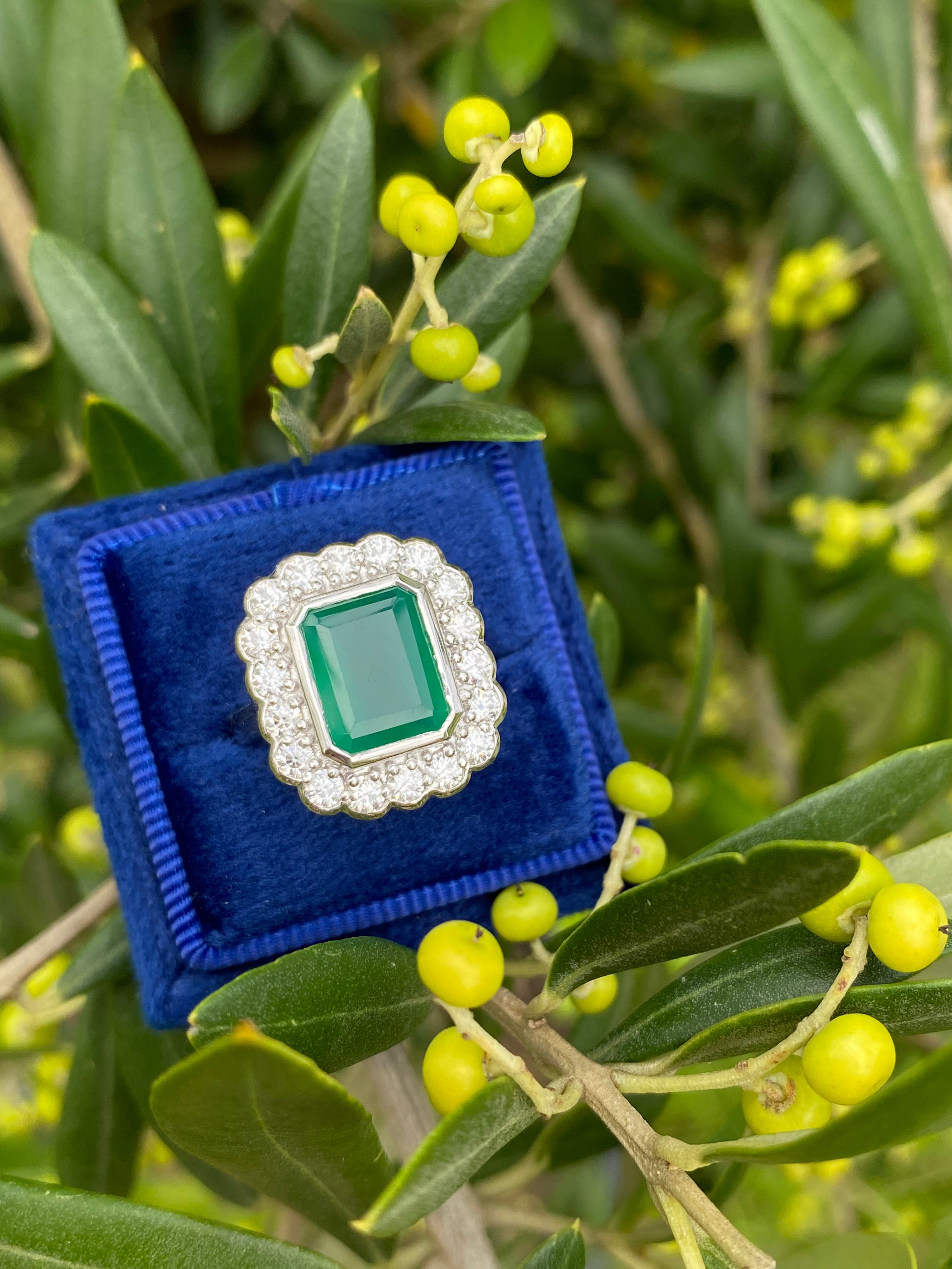4.25 CTW Emerald Cut Green Onyx and Moissanite Halo Cocktail Ring in Sterling Silver