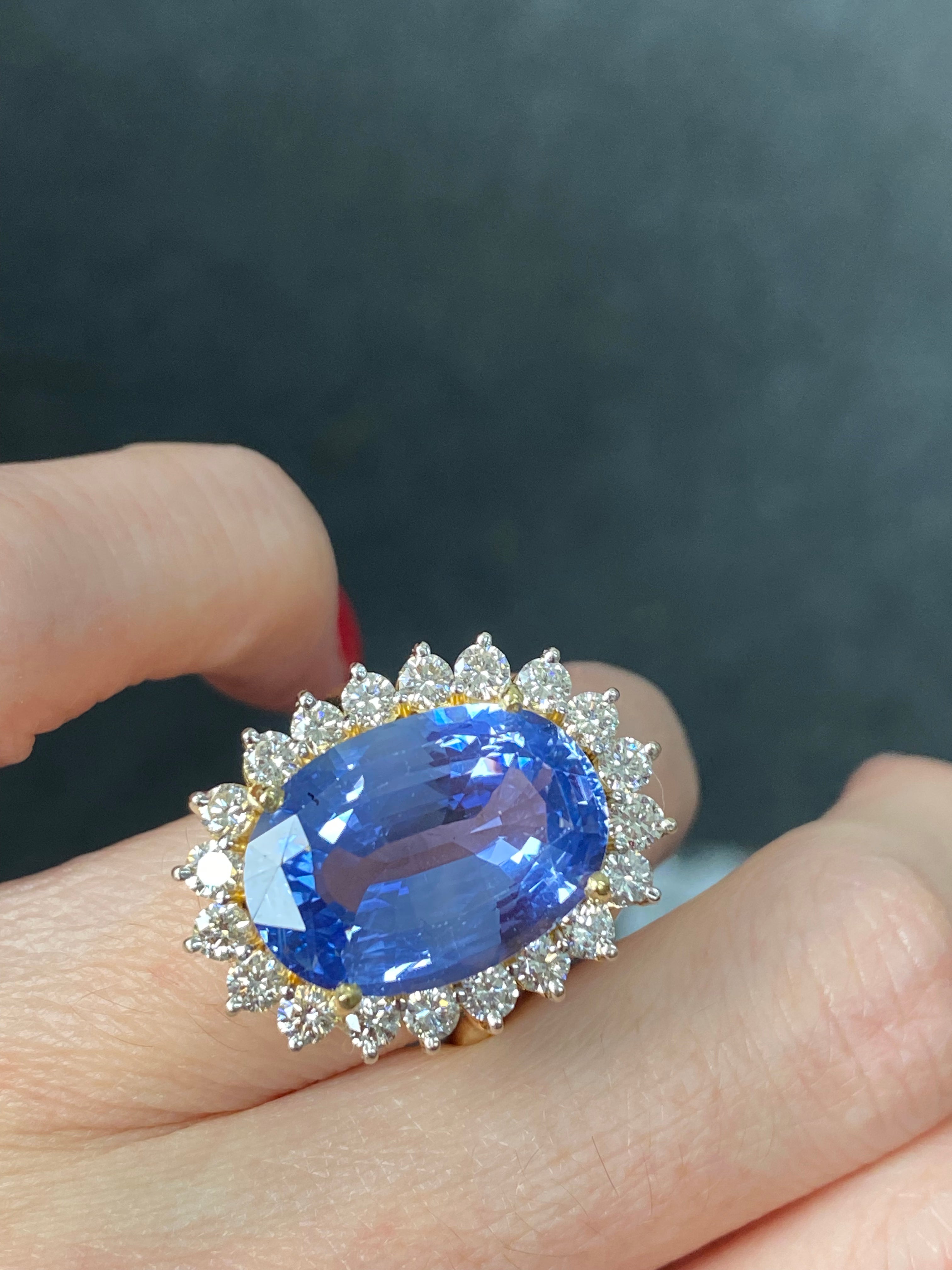 14.10 Carat Certified Unheated Blue Sapphire and Diamond Halo Engagement Ring in 18ct Yellow Gold
