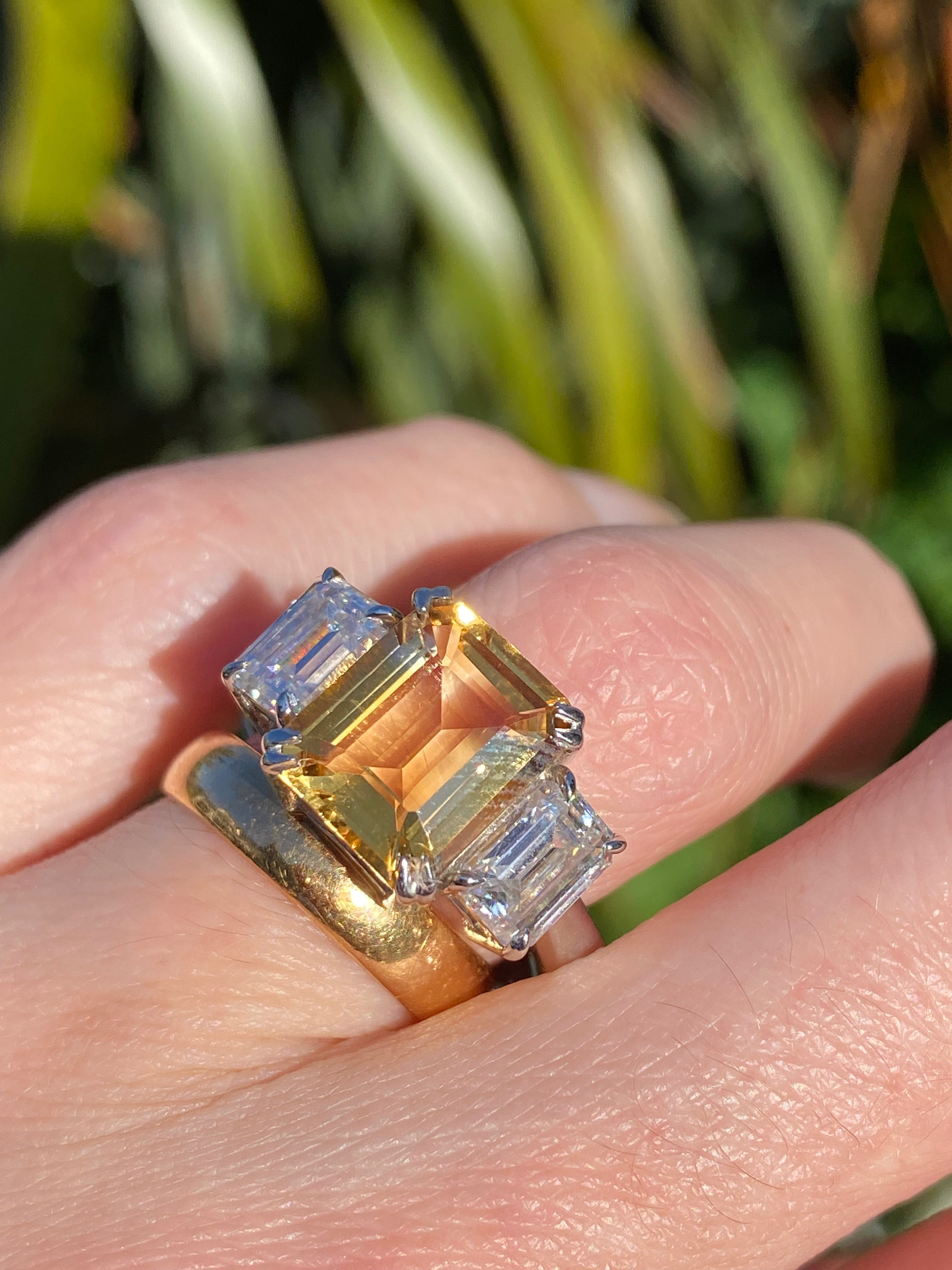 3.83 Carat Emerald Cut Citrine and 1.20 Carat Moissanite Three Stone Ring in Sterling Silver