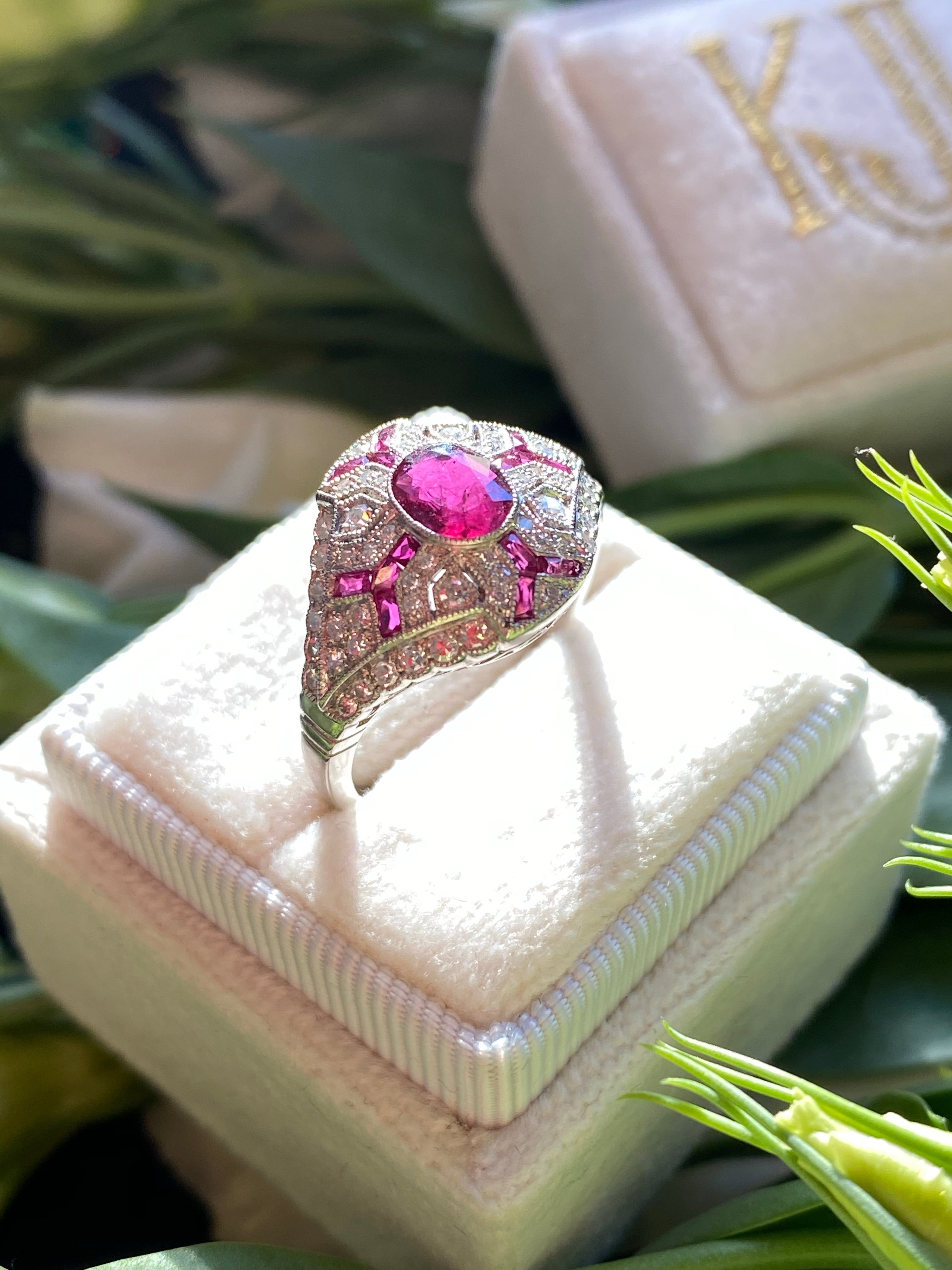 Oval Cut Ruby and Diamond Art Deco Engagement Ring in Platinum