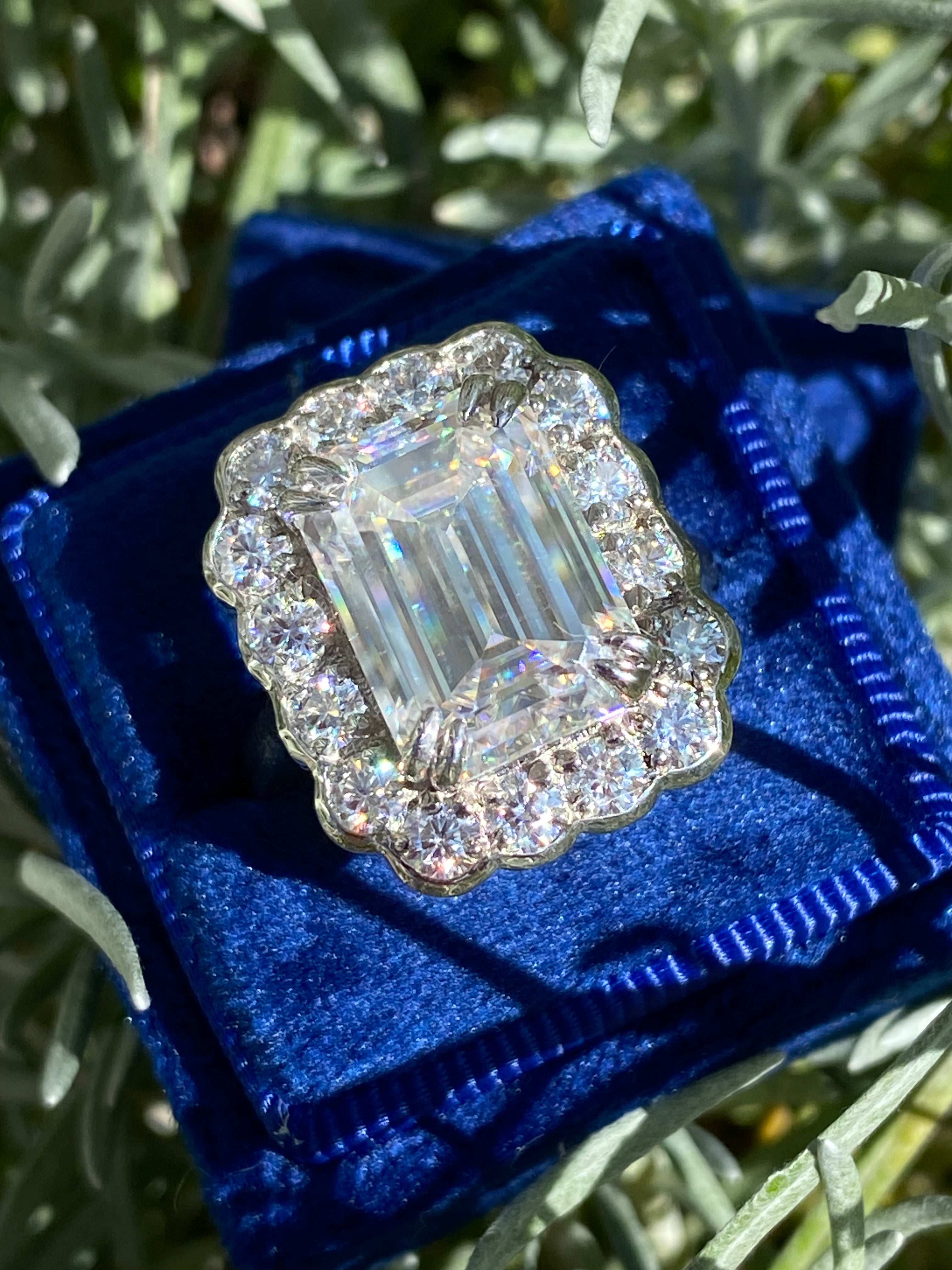 10.06 Carat Emerald Cut Moissanite Halo Engagement Ring in Sterling Silver