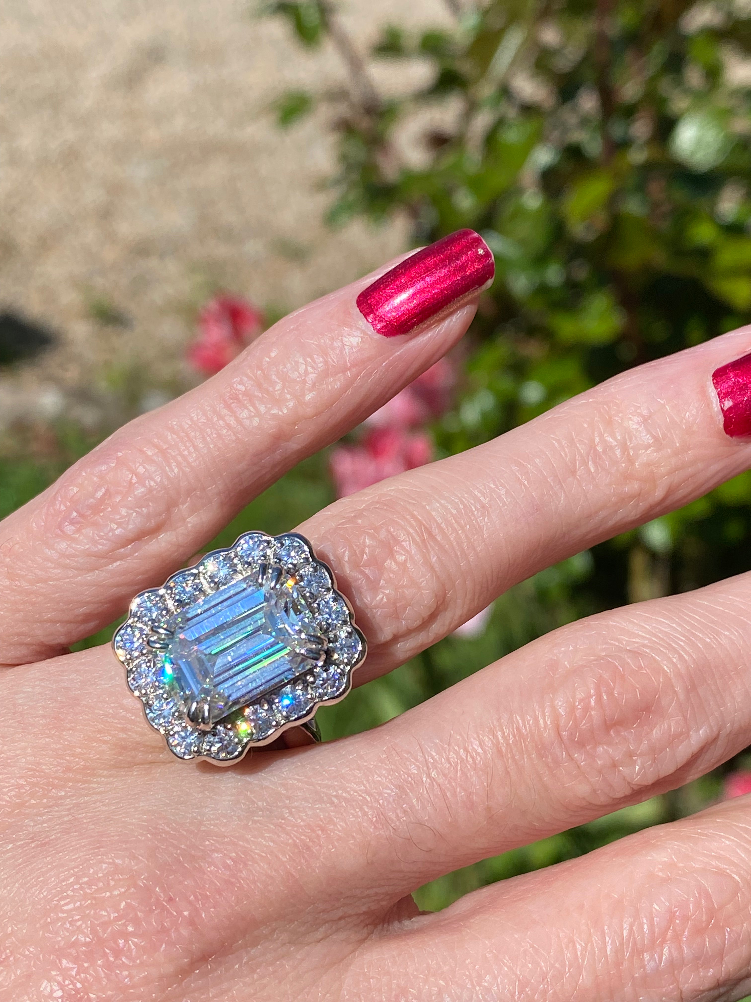 10.06 Carat Emerald Cut Moissanite Halo Engagement Ring in Sterling Silver