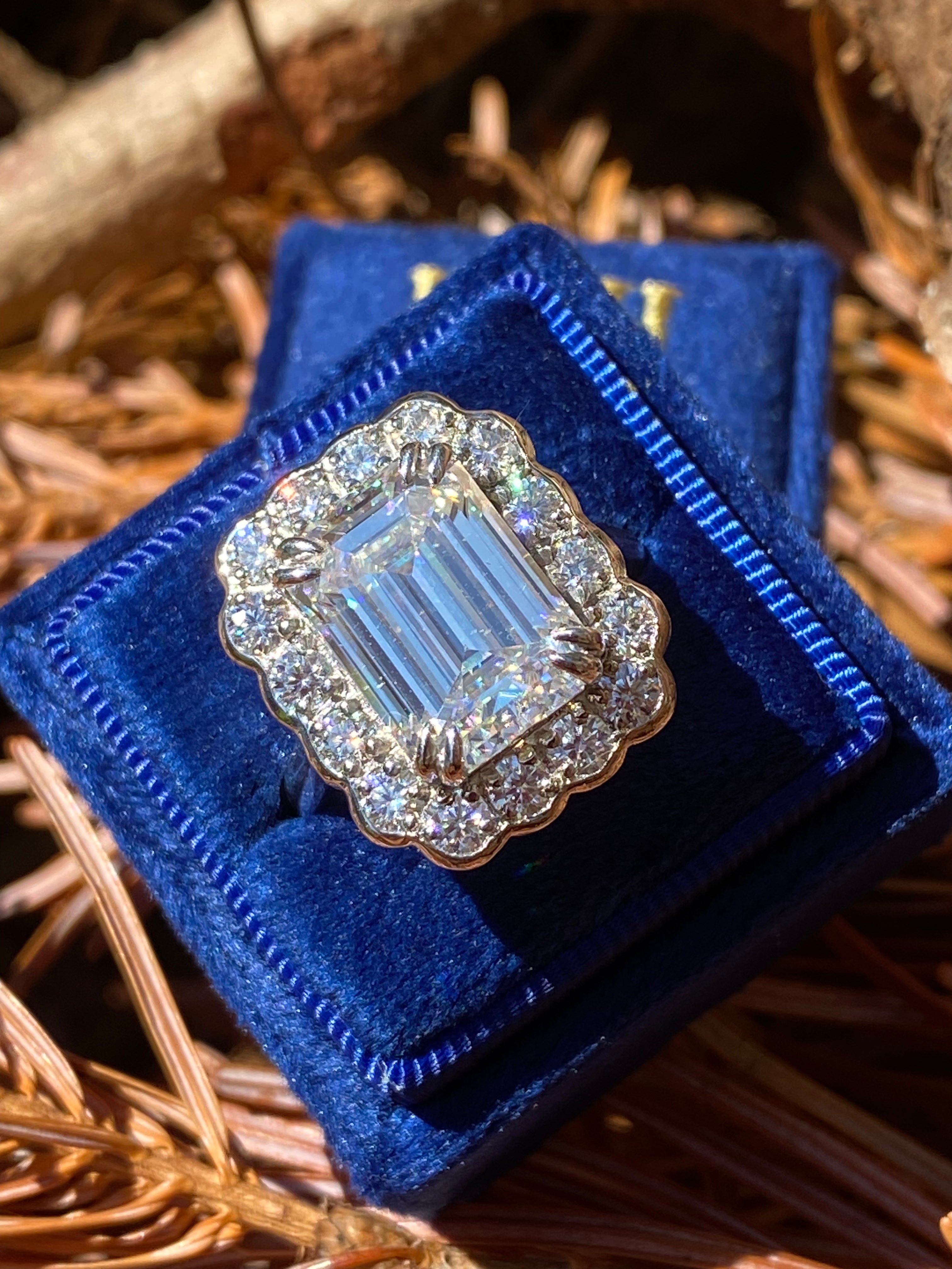 10.06 Carat Emerald Cut Moissanite Halo Engagement Ring in Sterling Silver