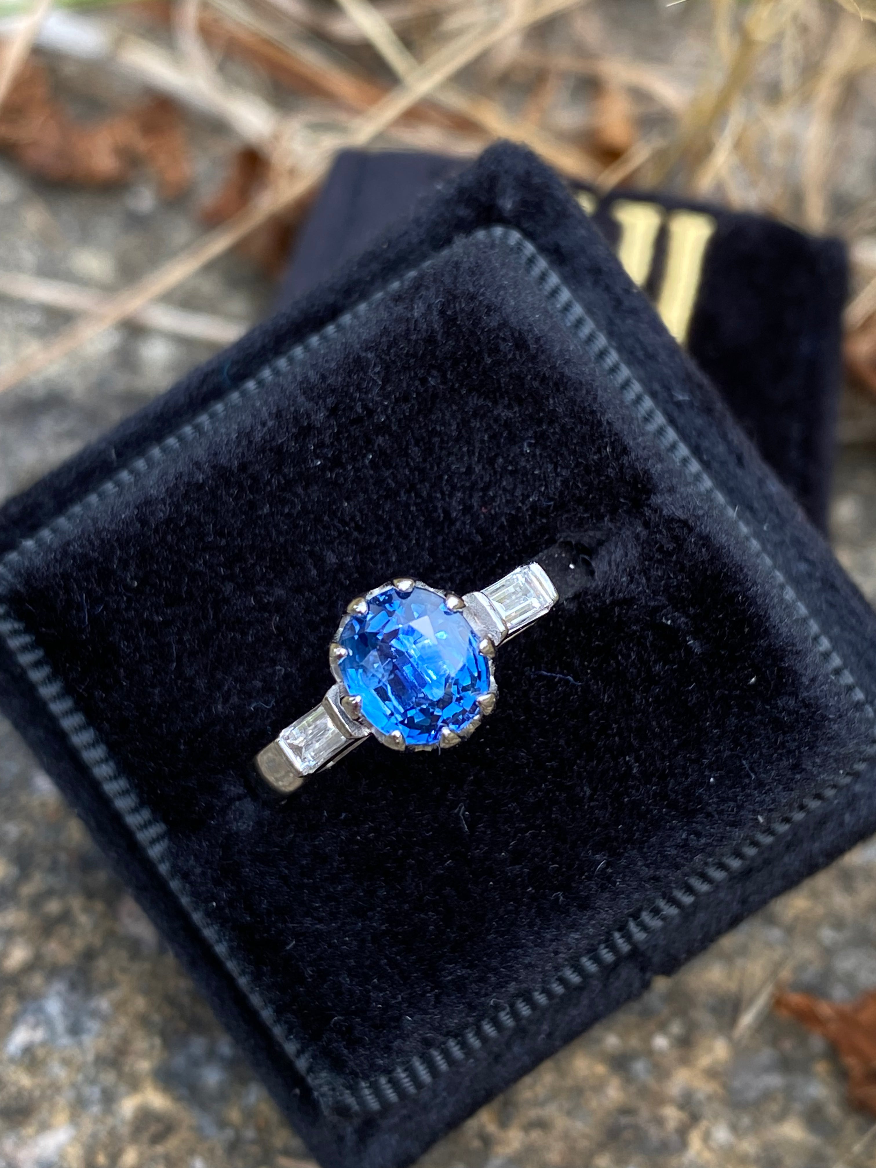1.25 Carat Blue Ceylon Sapphire and Diamond Three Stone Ring in Platinum