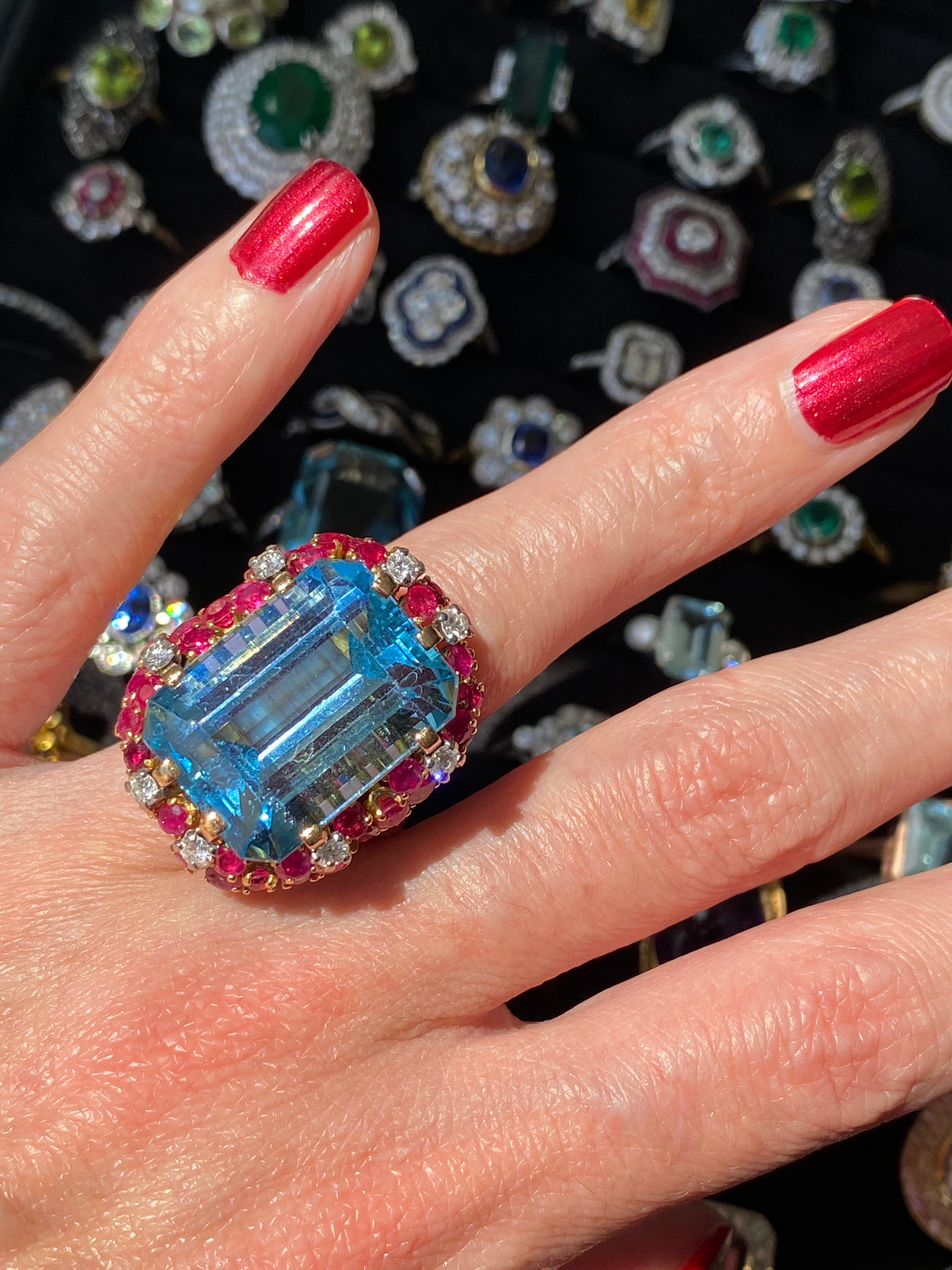 35.00 CTW Mellerio Aquamarine, Ruby, and Diamond Vintage Cocktail Ring in 18ct Yellow Gold