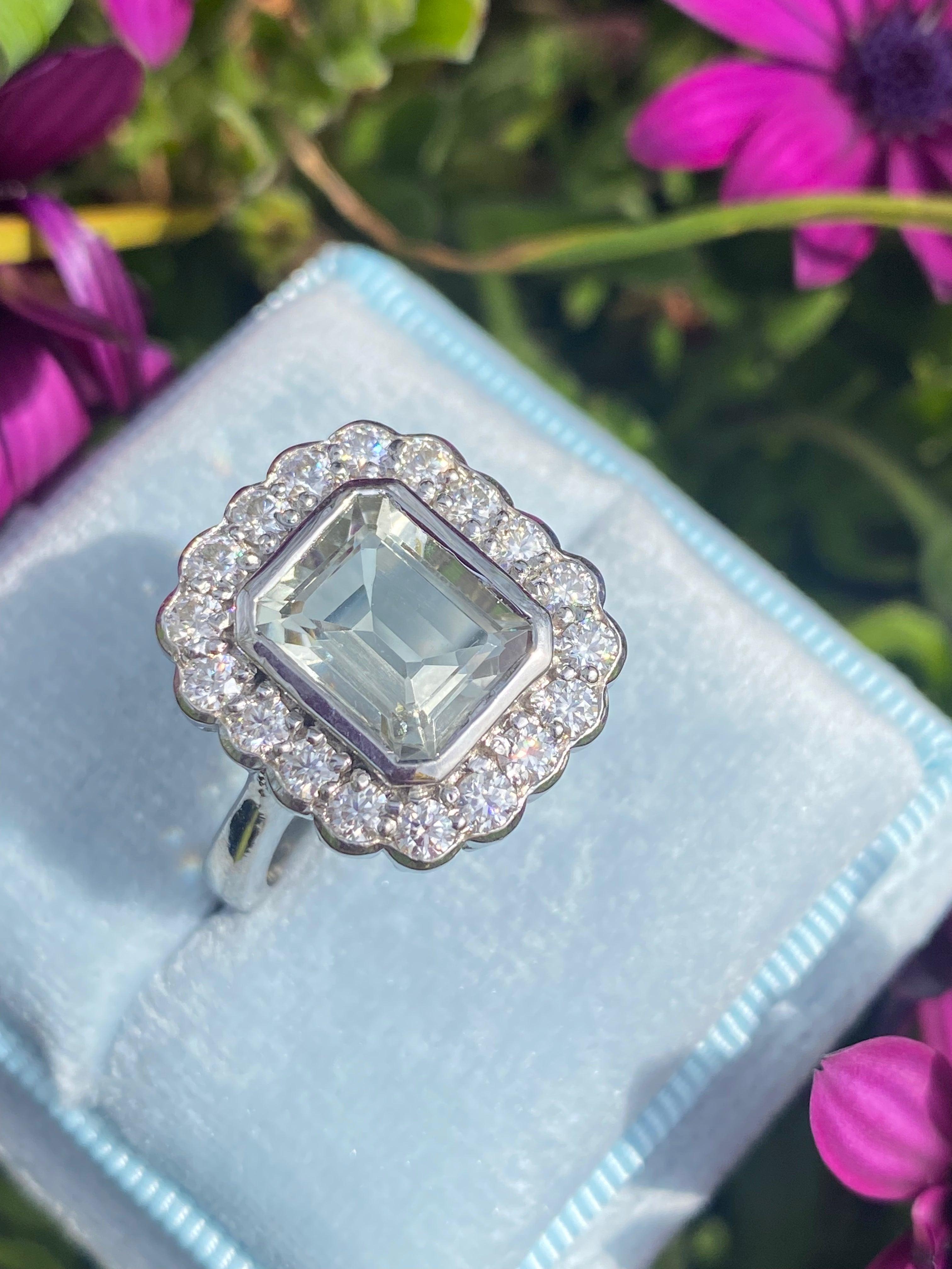 4.25 CTW Emerald Cut Green Amethyst and Moissanite Halo Cocktail Ring in Sterling Silver