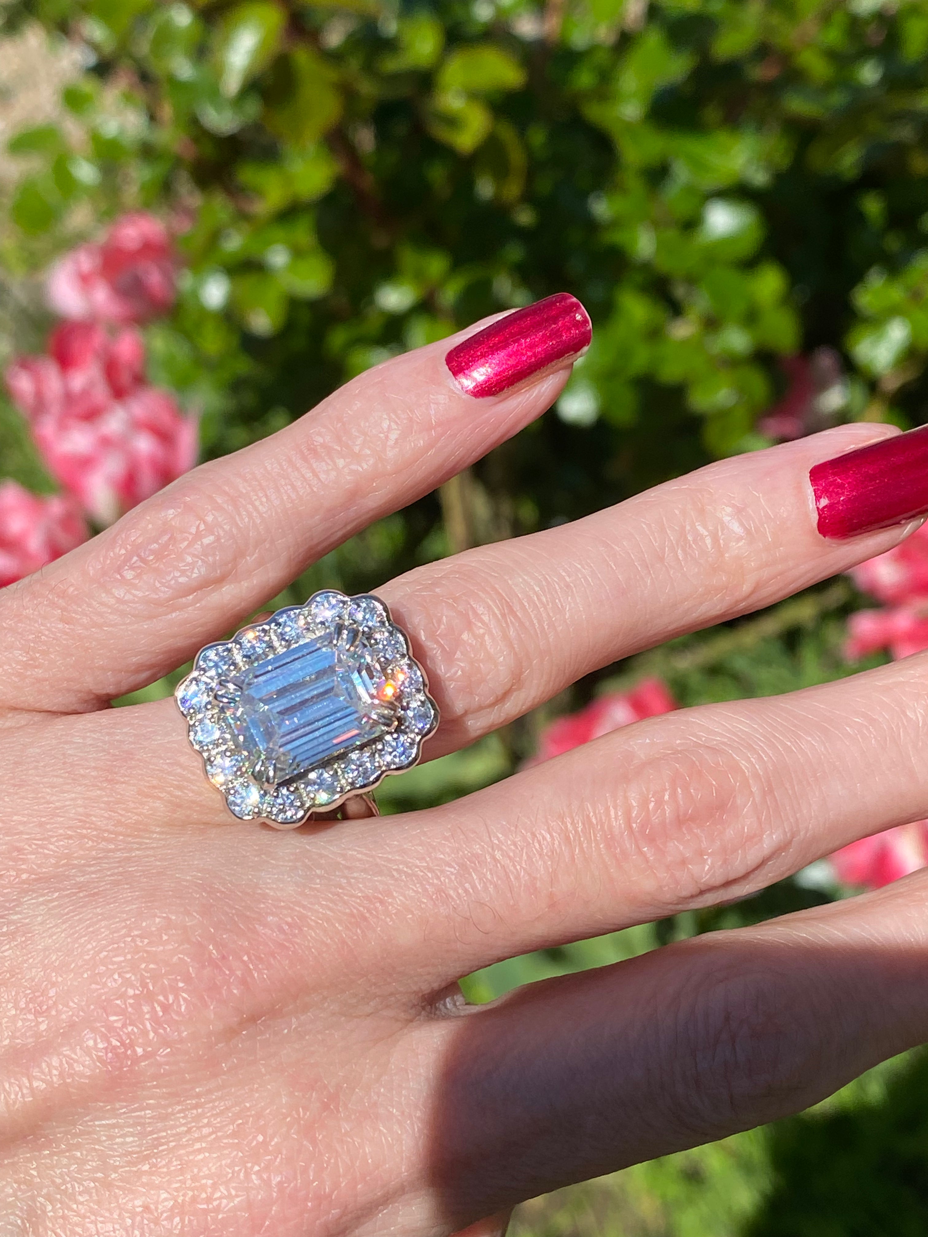 10.06 Carat Emerald Cut Moissanite Halo Engagement Ring in Sterling Silver
