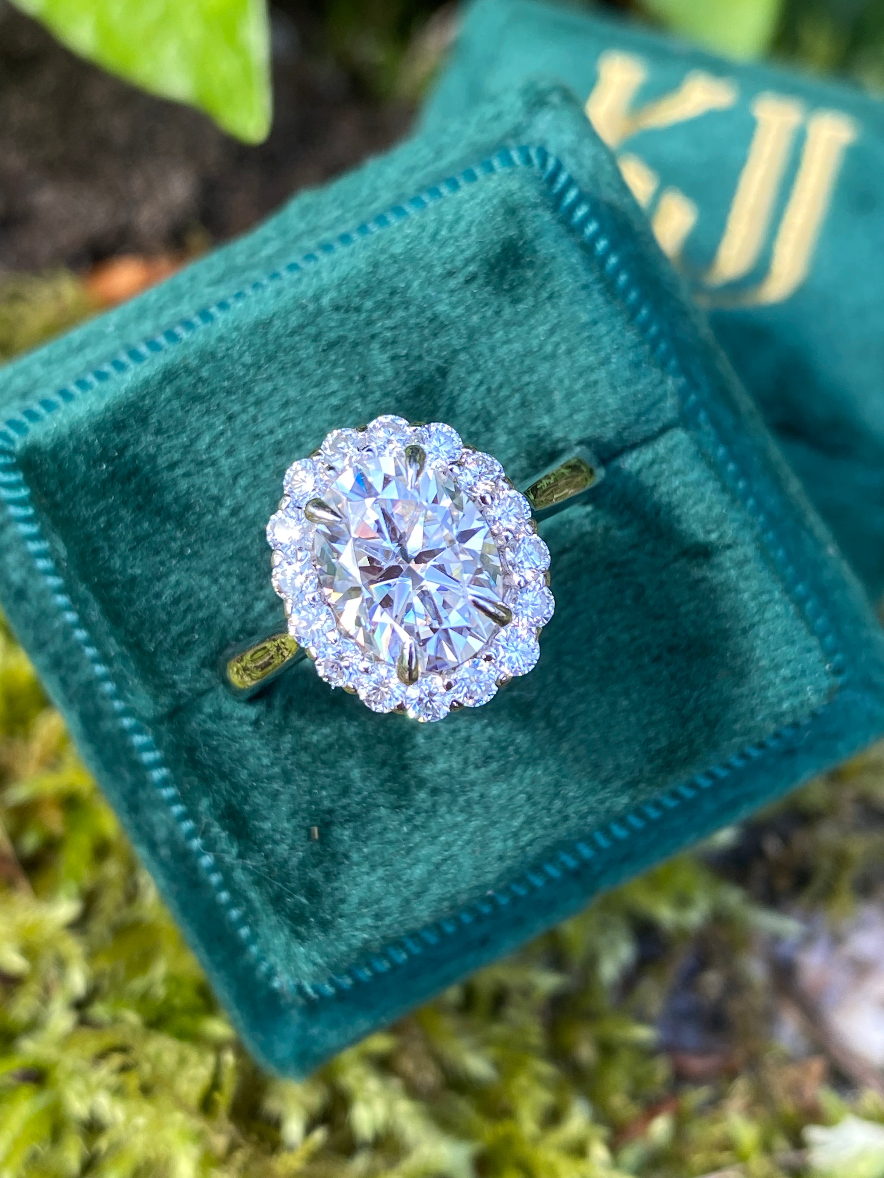 2.52 Carat Oval Cut Moissanite Halo Ring in Sterling Silver