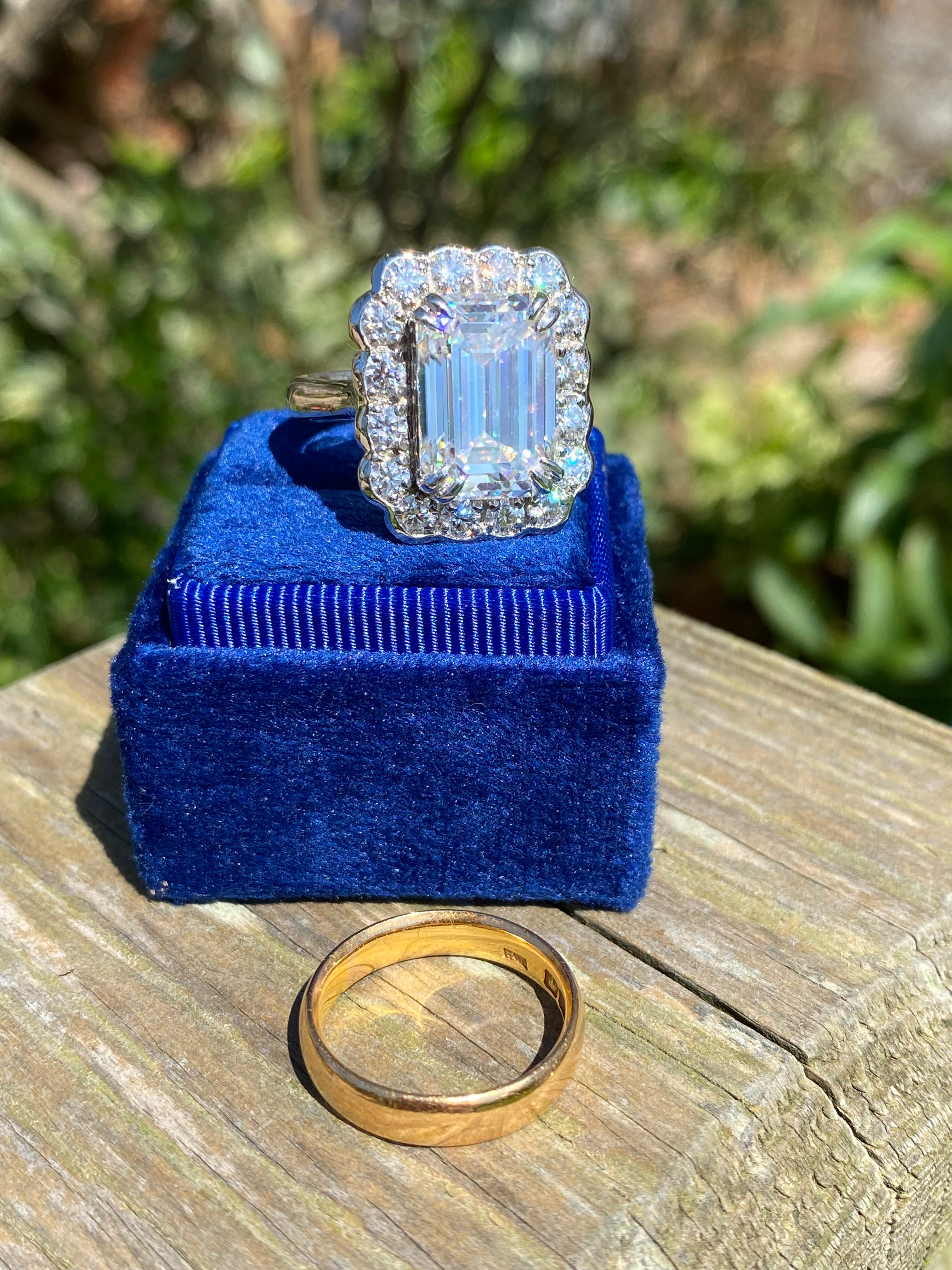 10.06 Carat Emerald Cut Moissanite Halo Engagement Ring in Sterling Silver