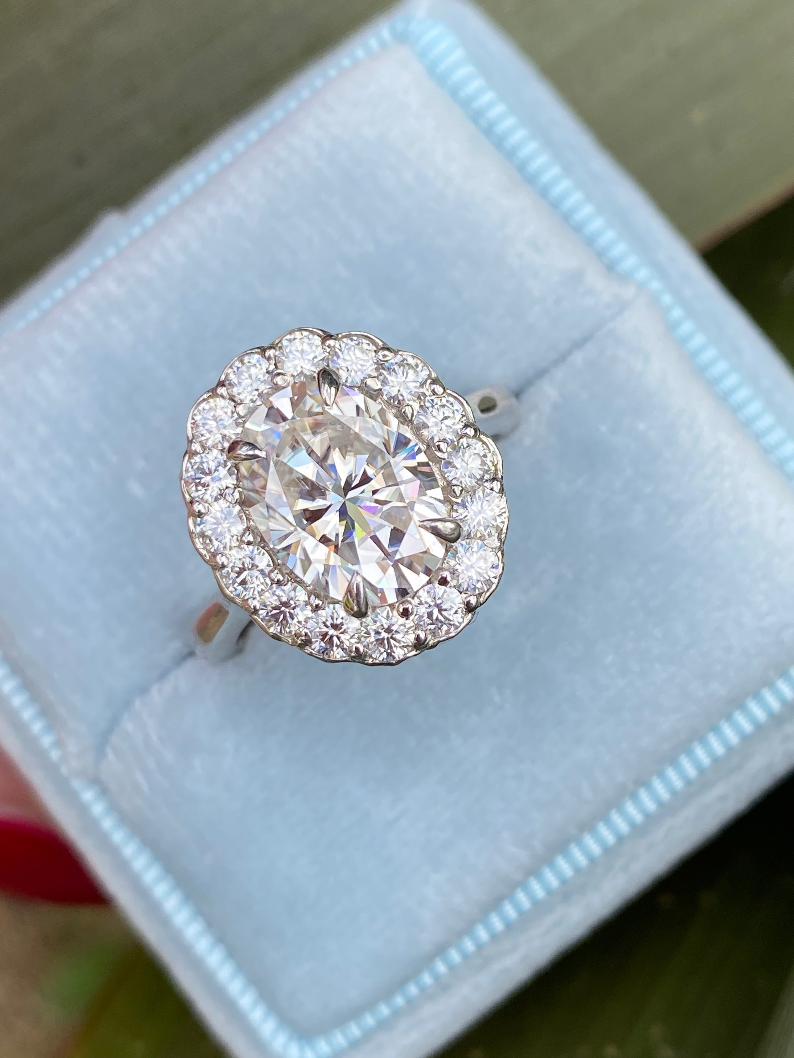 4.47 Carat Oval Cut Moissanite Oval Halo Ring in Sterling Silver
