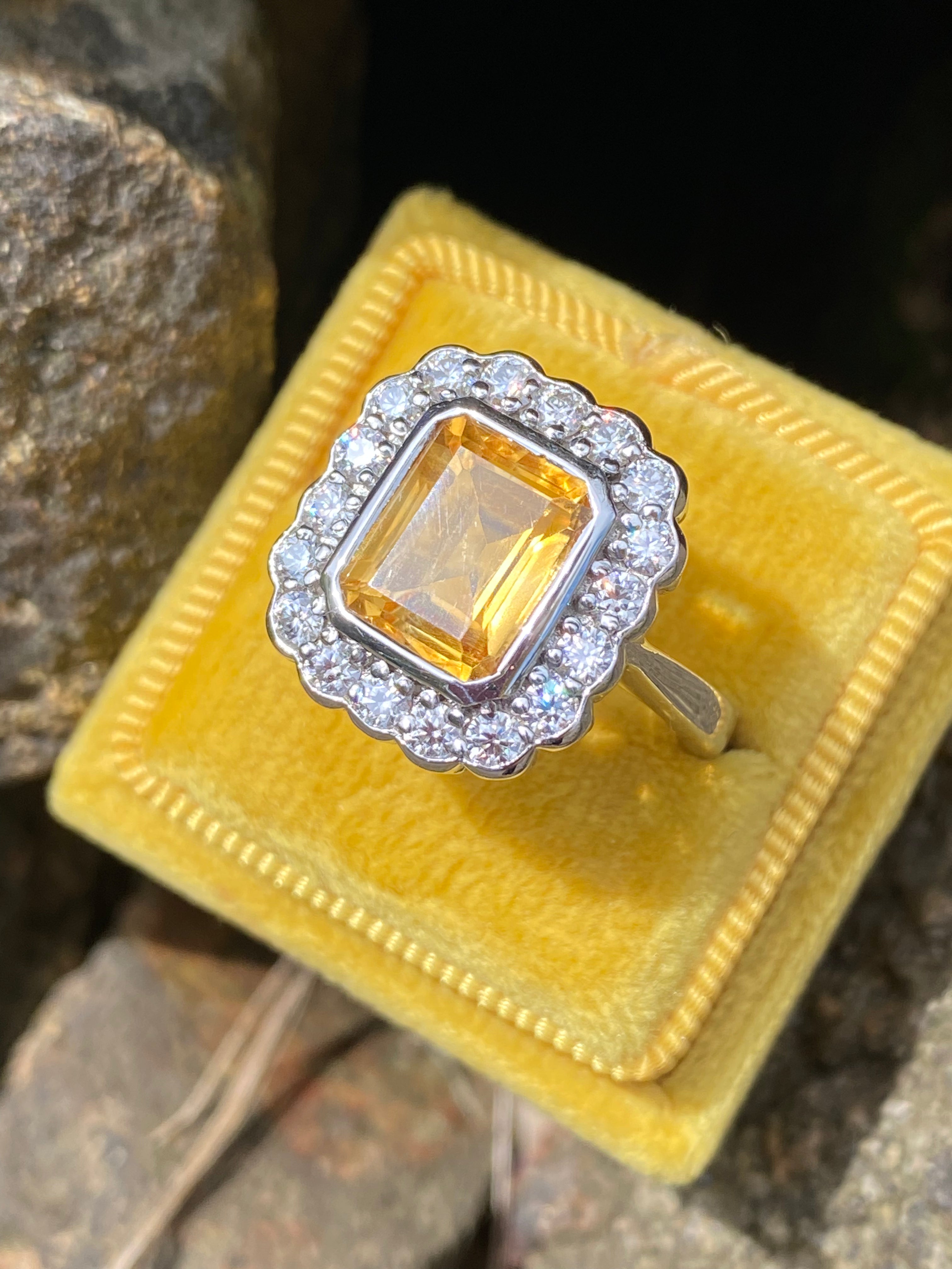 4.25 CTW Emerald Cut Citrine and Moissanite Halo Cocktail Ring