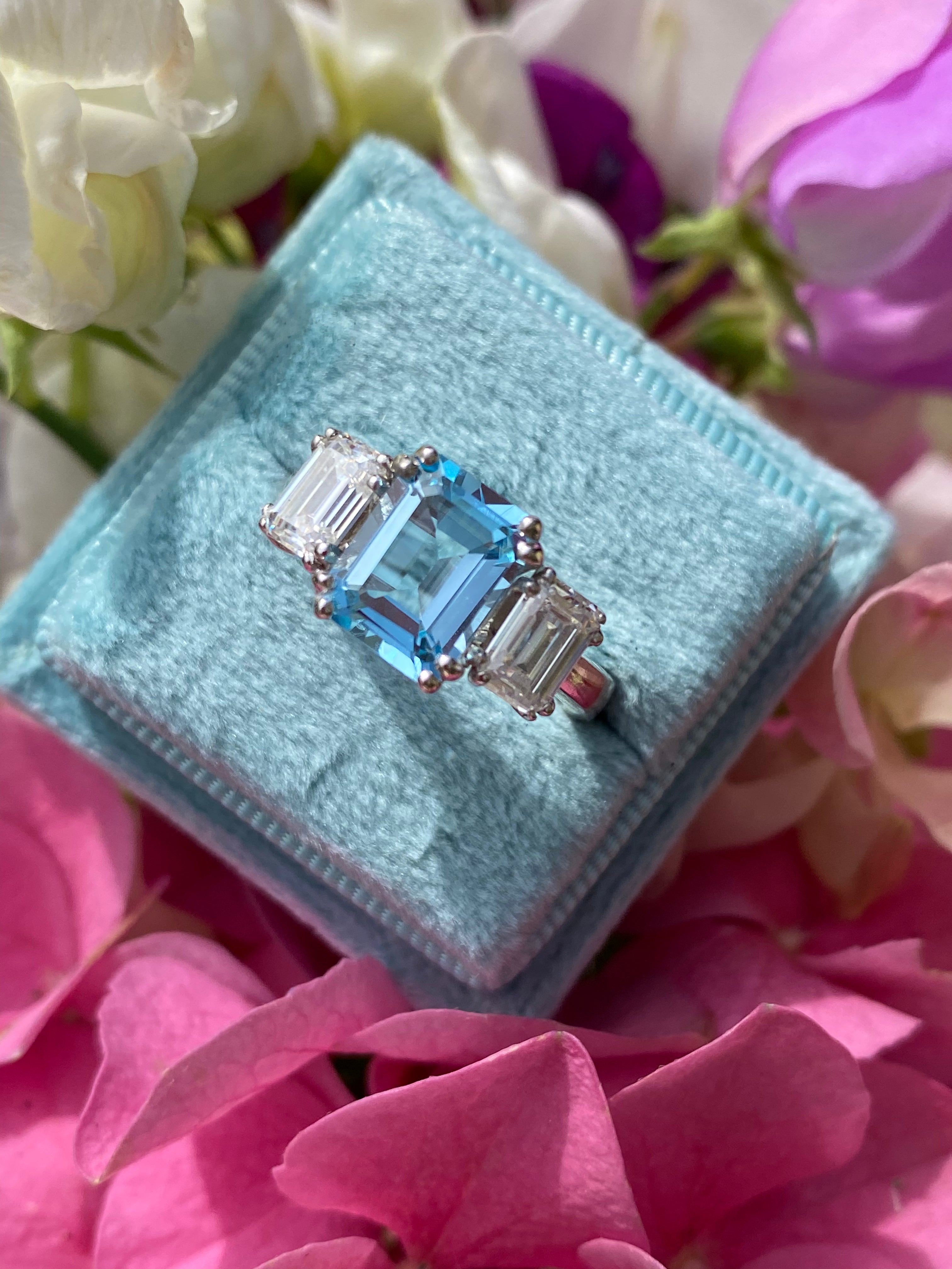 3.50 CTW Emerald Cut Blue Topaz and Moissanite Three Stone Ring in Sterling Silver