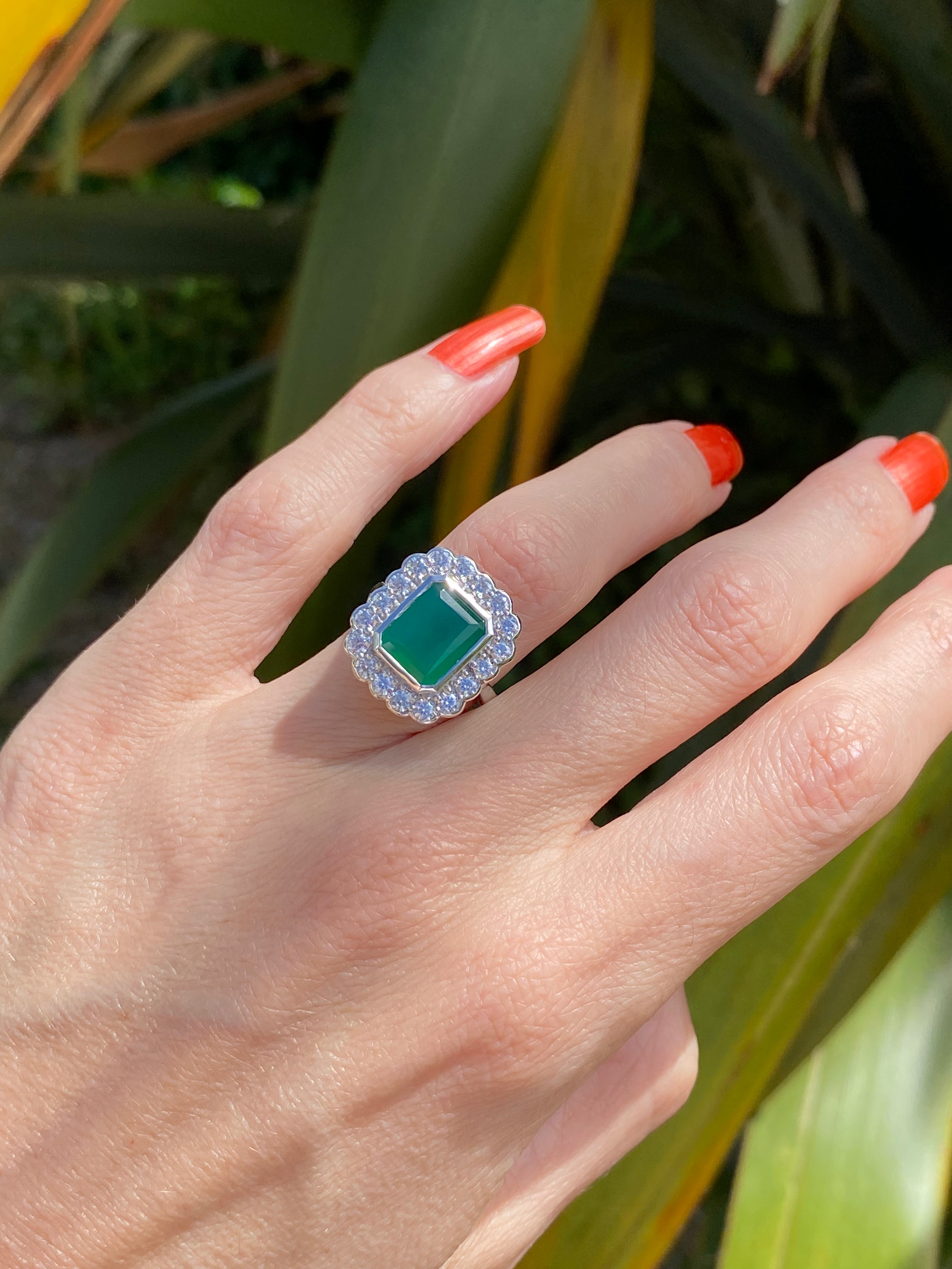 4.25 CTW Emerald Cut Green Onyx and Moissanite Halo Cocktail Ring in Sterling Silver