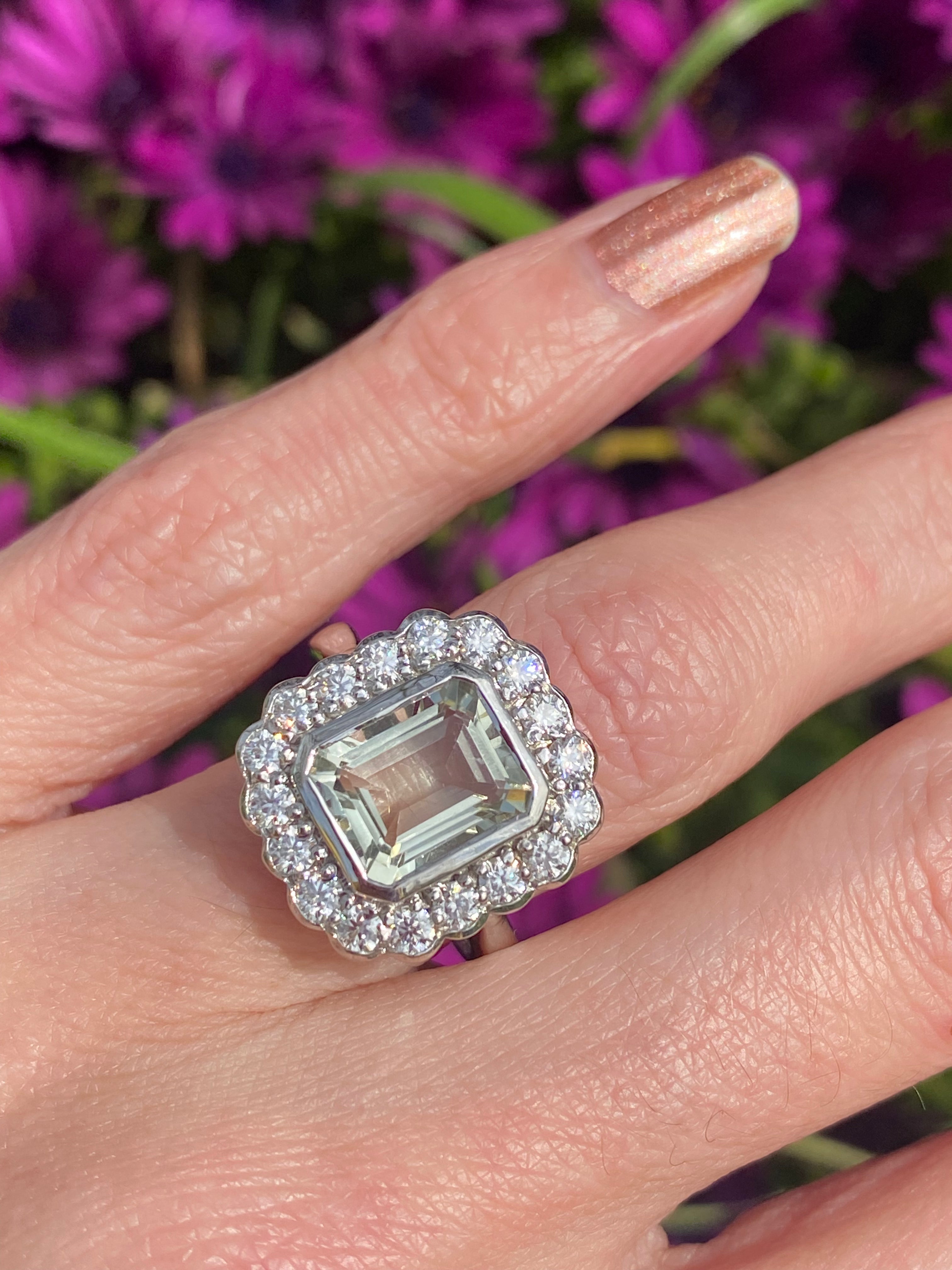 4.25 CTW Emerald Cut Green Amethyst and Moissanite Halo Cocktail Ring in Sterling Silver