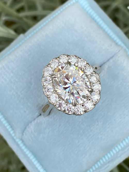 4.47 Carat Oval Cut Moissanite Oval Halo Ring in Sterling Silver
