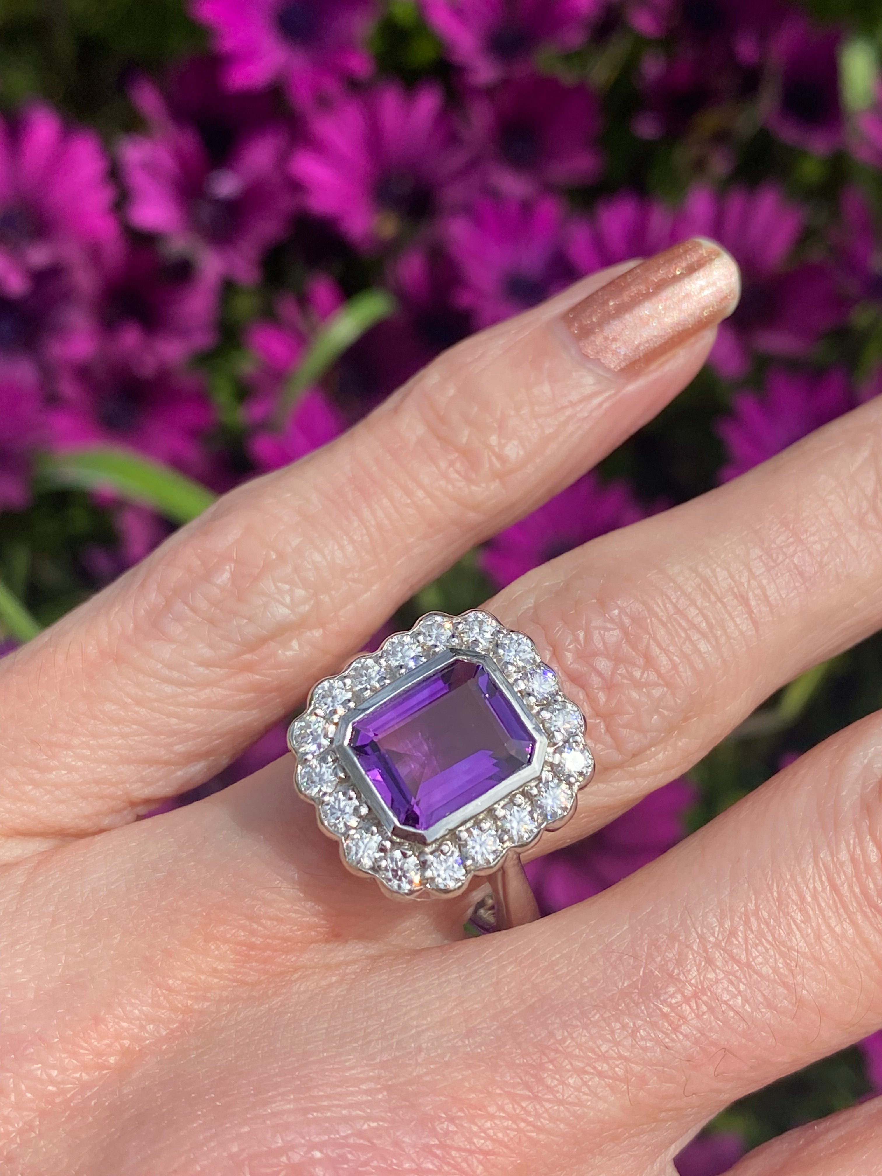 4.25 CTW Emerald Cut Amethyst and Moissanite Halo Cocktail Ring in Sterling Silver