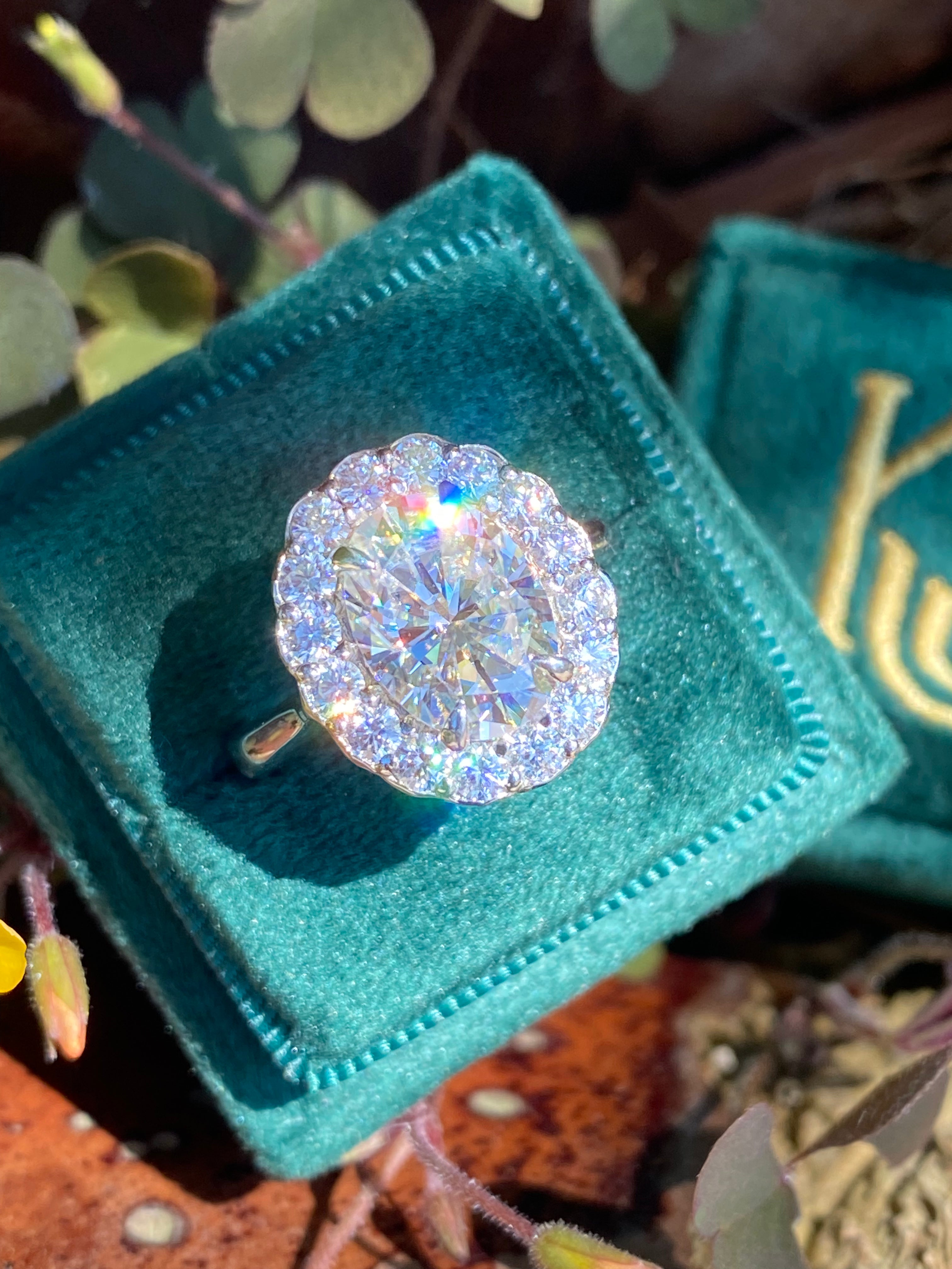 4.47 Carat Oval Cut Moissanite Oval Halo Ring in Sterling Silver