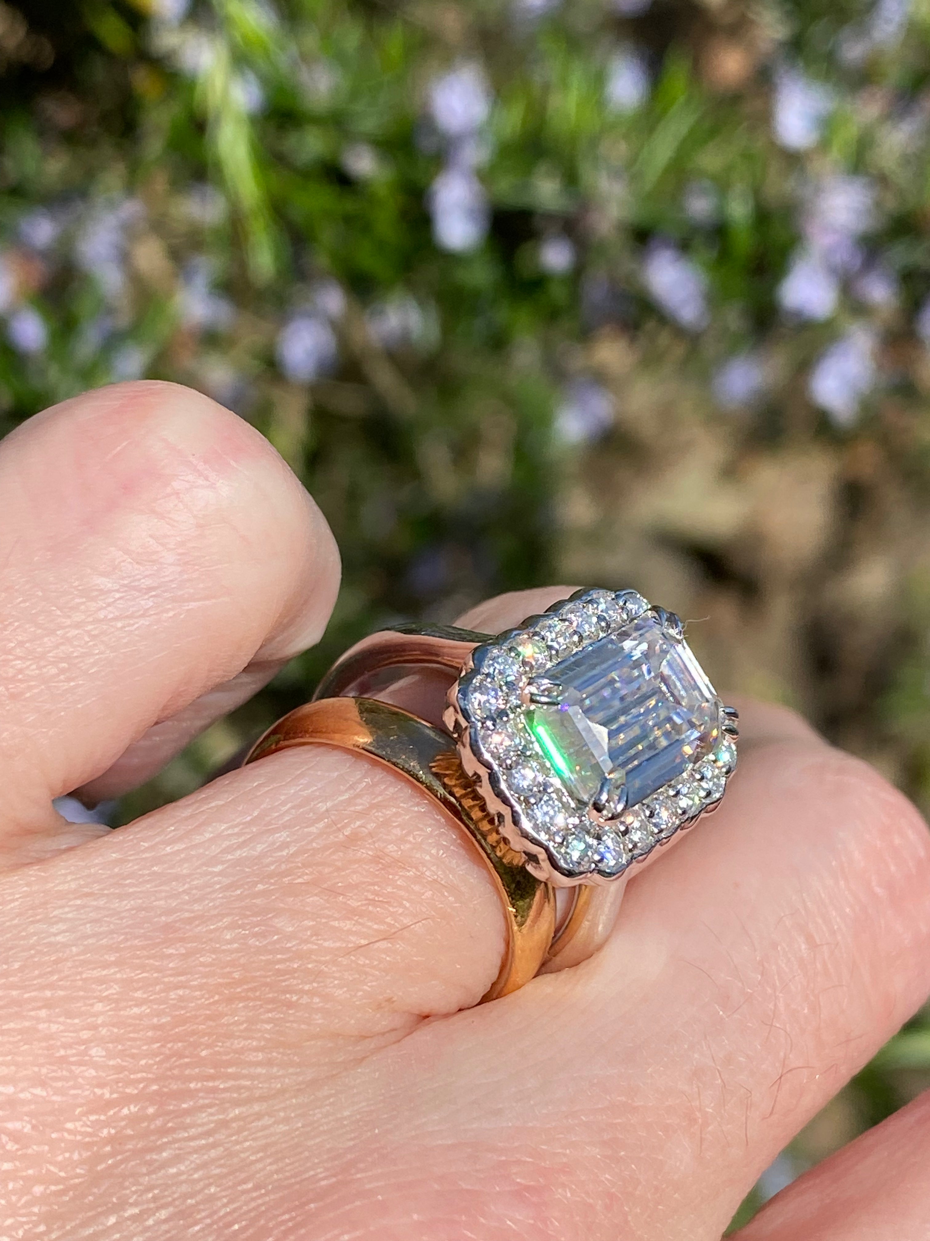 5.38 CTW Emerald Cut Moissanite Halo Cocktail Ring in Sterling Silver