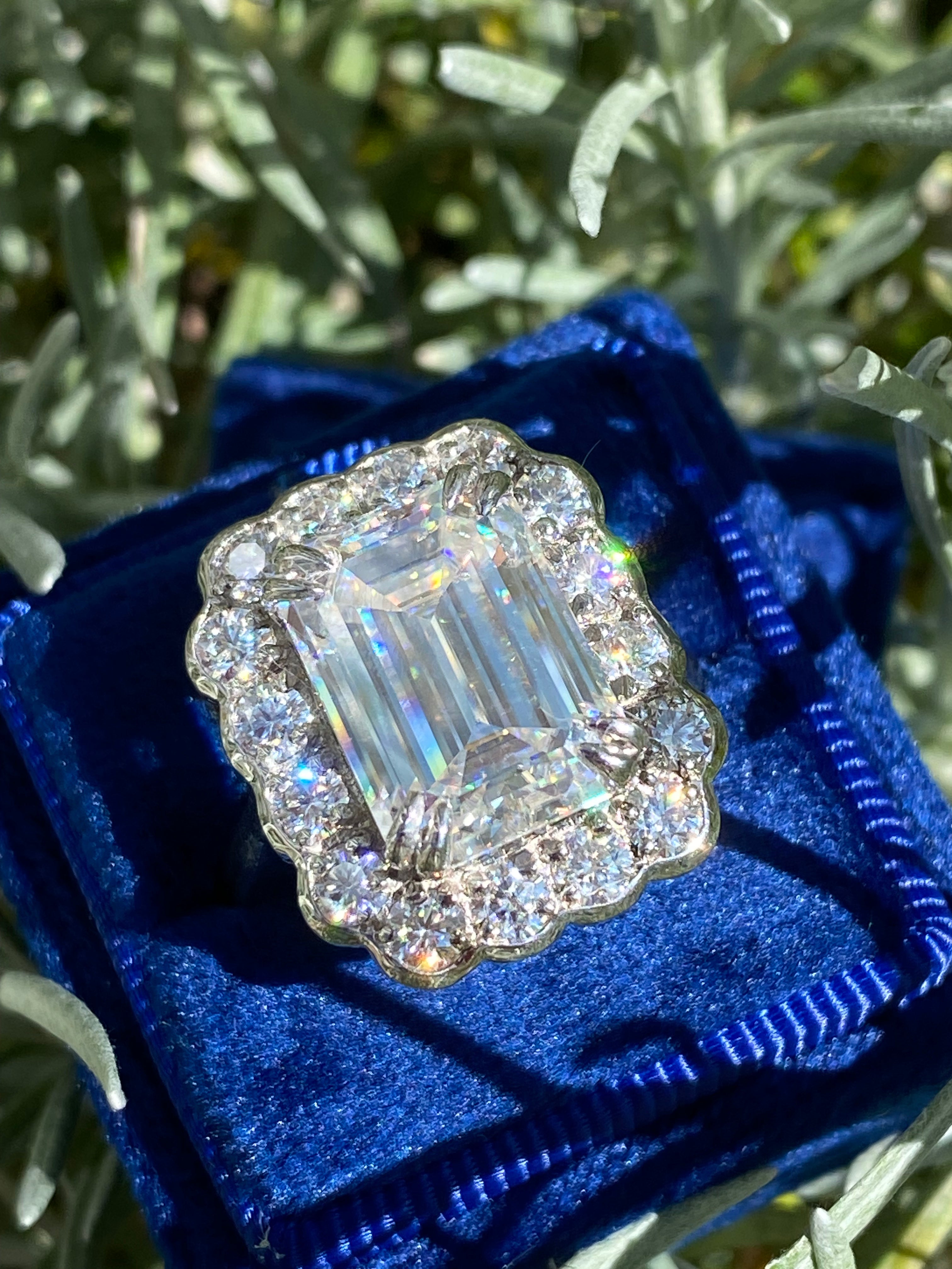 10.06 Carat Emerald Cut Moissanite Halo Engagement Ring in Sterling Silver
