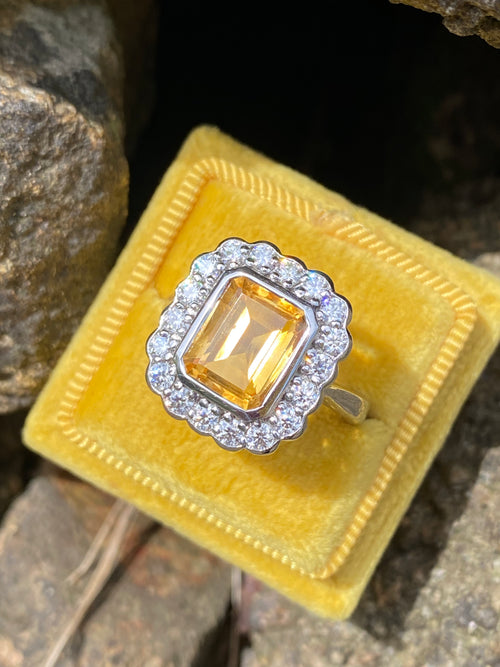 4.25 CTW Emerald Cut Citrine and Moissanite Halo Cocktail Ring in Sterling Silver