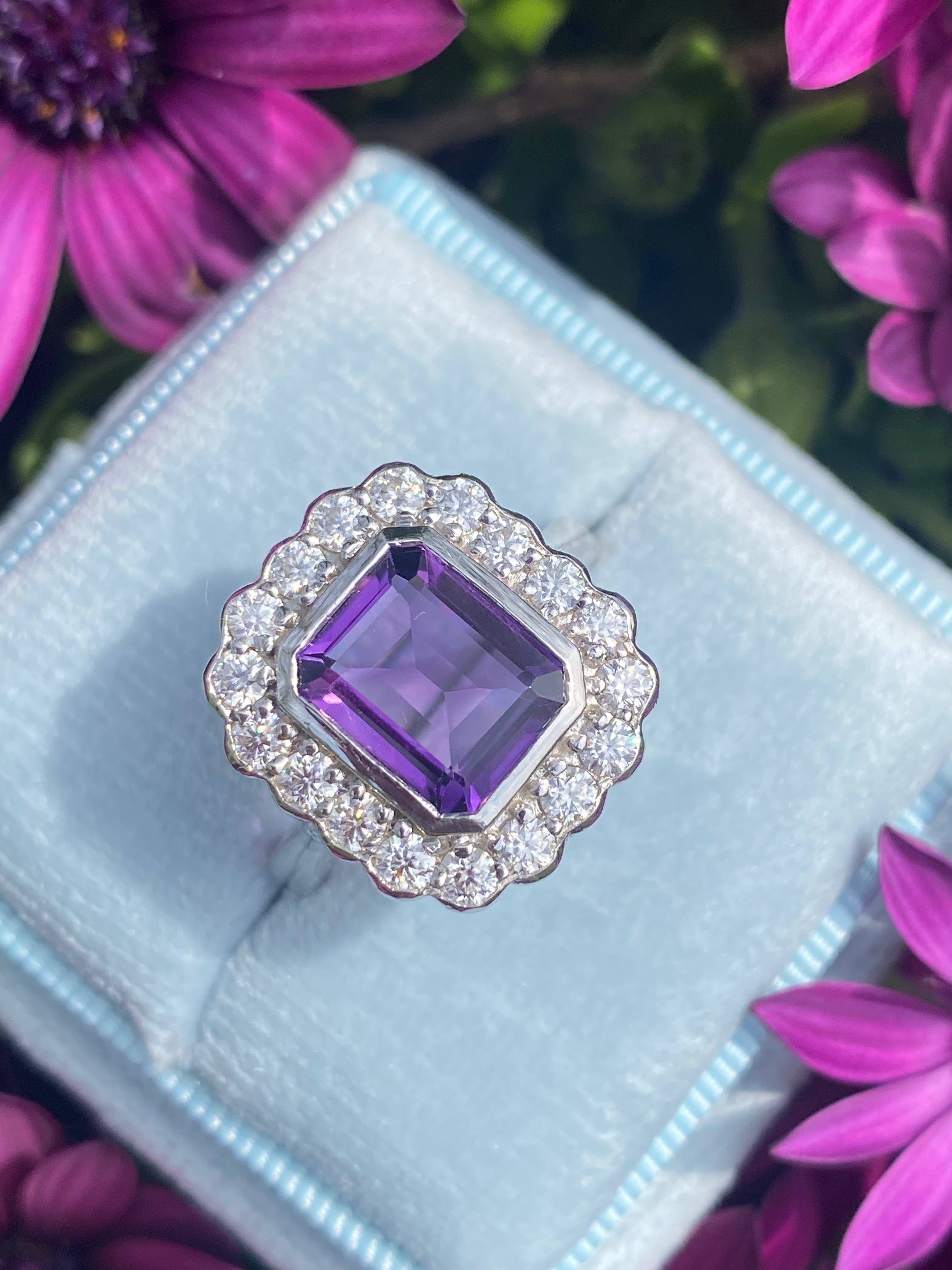 4.25 CTW Emerald Cut Amethyst and Moissanite Halo Cocktail Ring in Sterling Silver