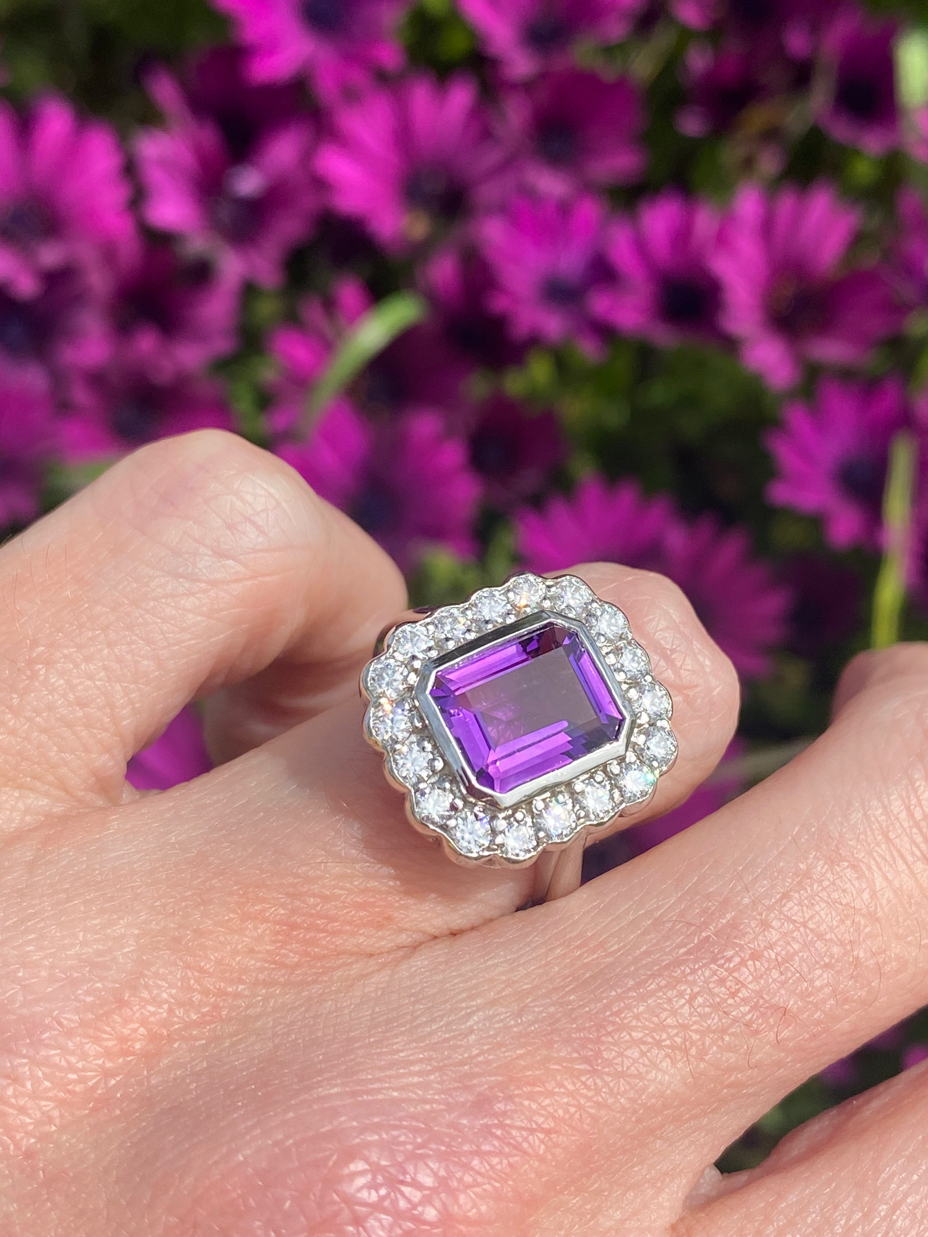 4.25 CTW Emerald Cut Amethyst and Moissanite Halo Cocktail Ring in Sterling Silver