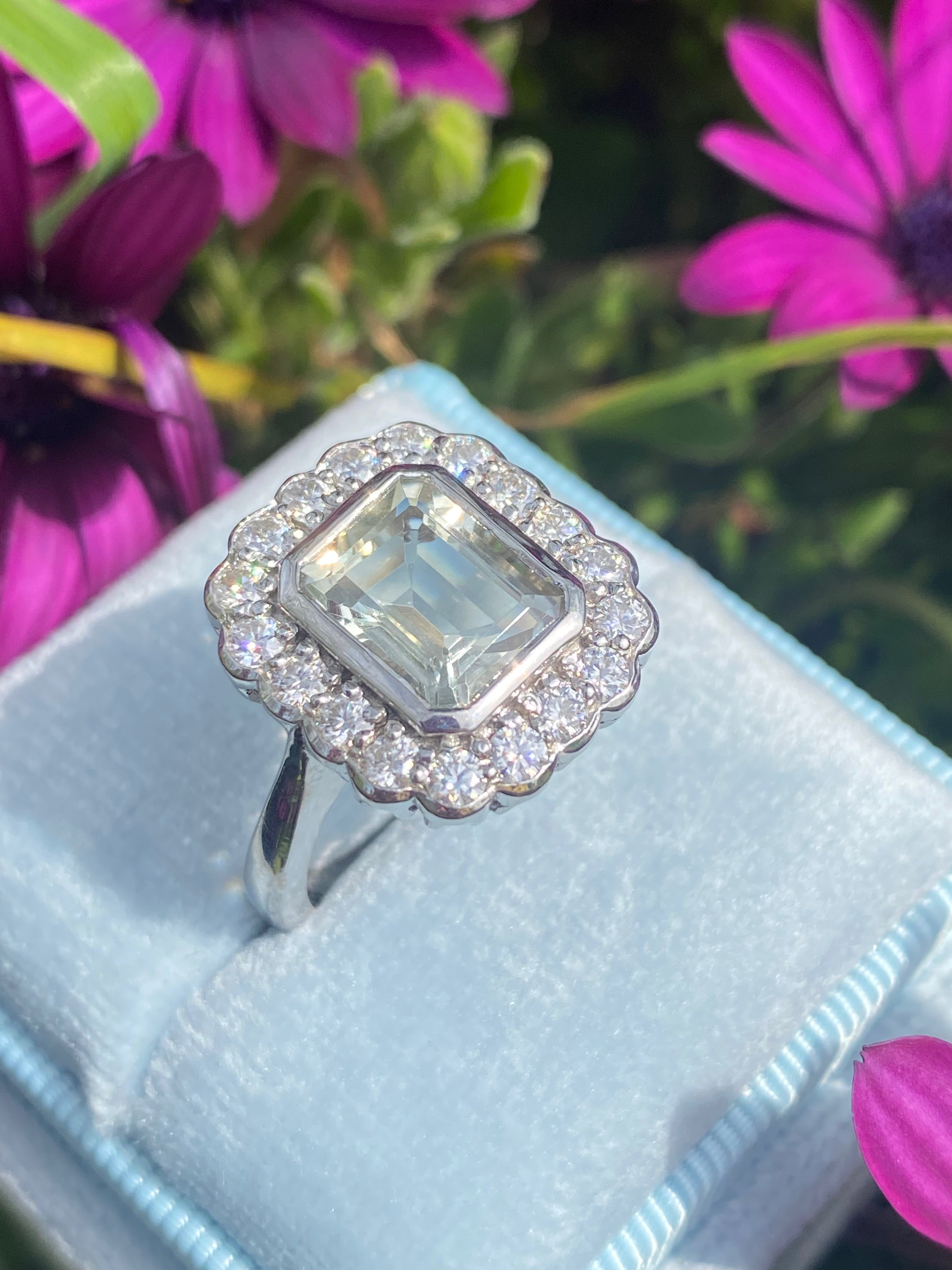 4.25 CTW Emerald Cut Green Amethyst and Moissanite Halo Cocktail Ring in Sterling Silver
