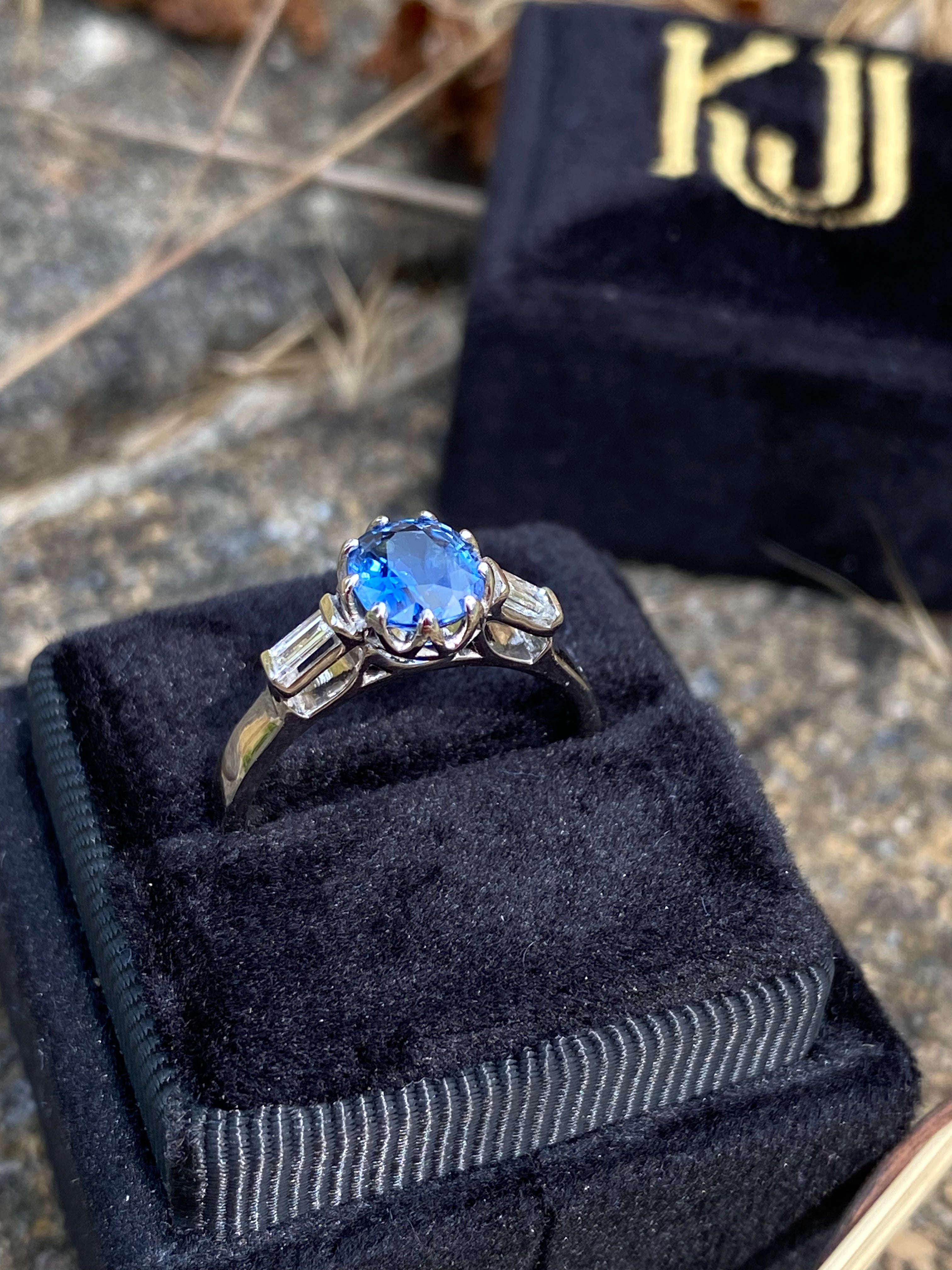 1.25 Carat Blue Ceylon Sapphire and Diamond Three Stone Ring in Platinum