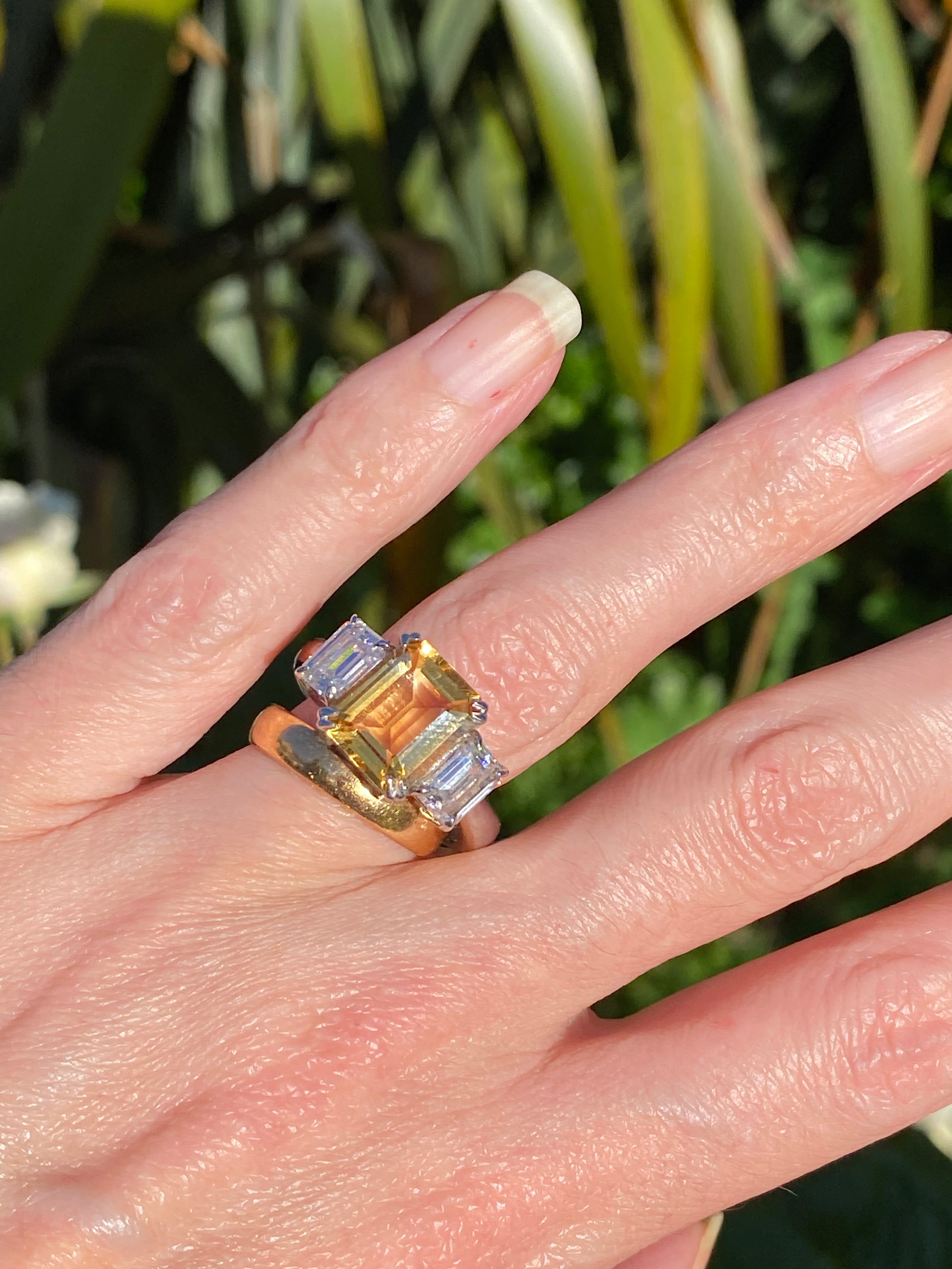 3.83 Carat Emerald Cut Citrine and 1.20 Carat Moissanite Three Stone Ring in Sterling Silver