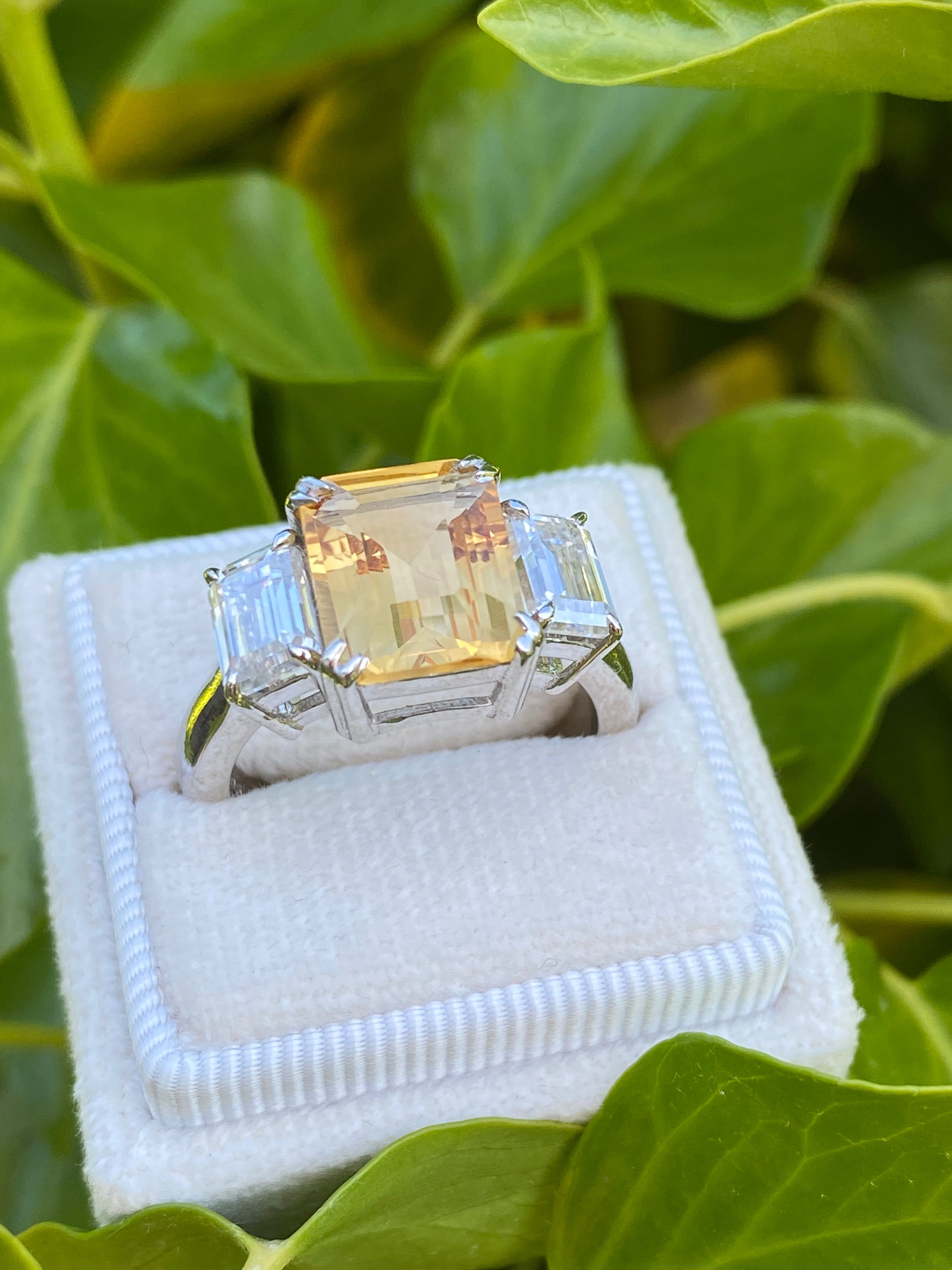 3.83 Carat Emerald Cut Citrine and 1.20 Carat Moissanite Three Stone Ring in Sterling Silver
