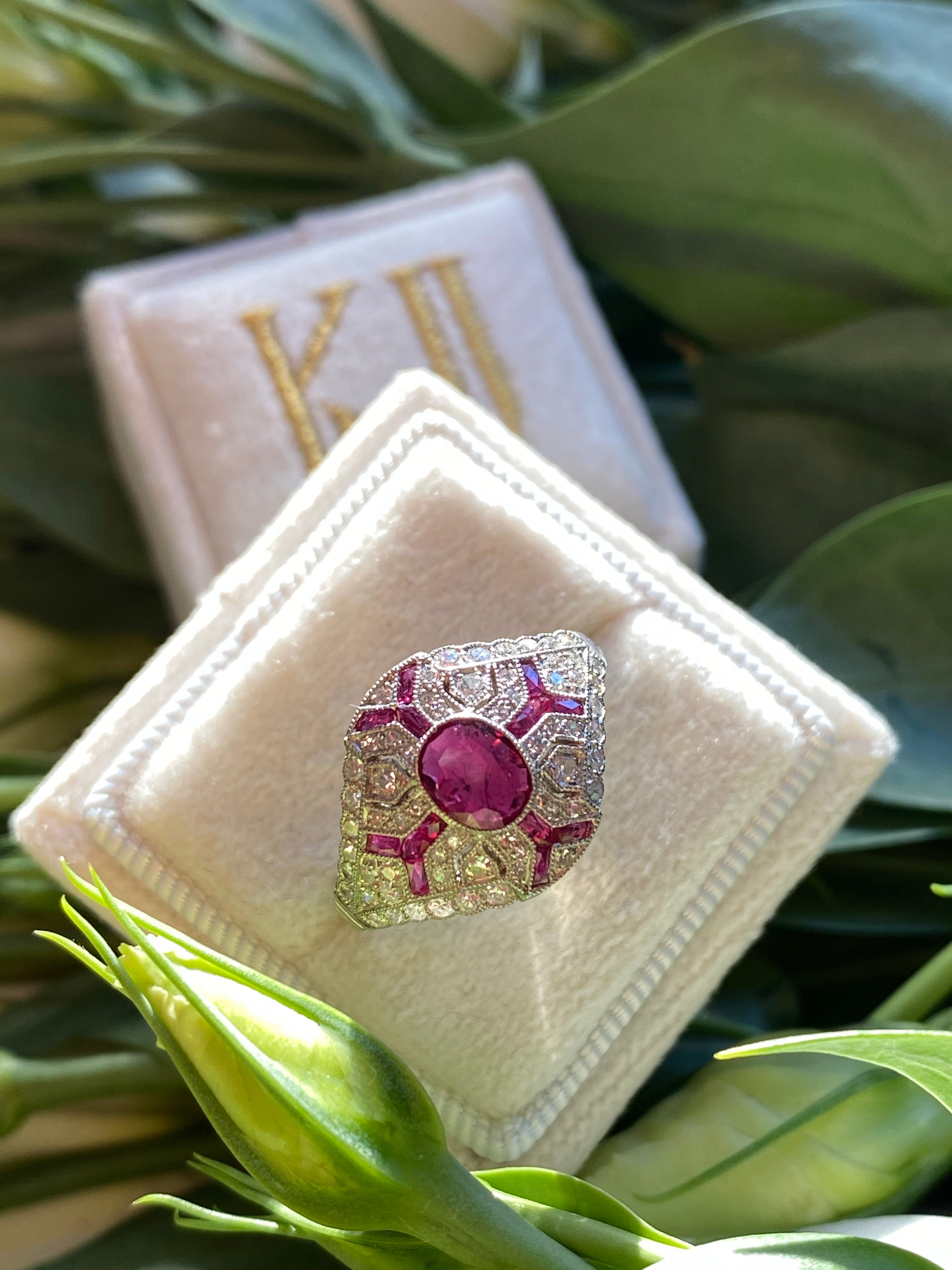 Oval Cut Ruby and Diamond Art Deco Engagement Ring in Platinum