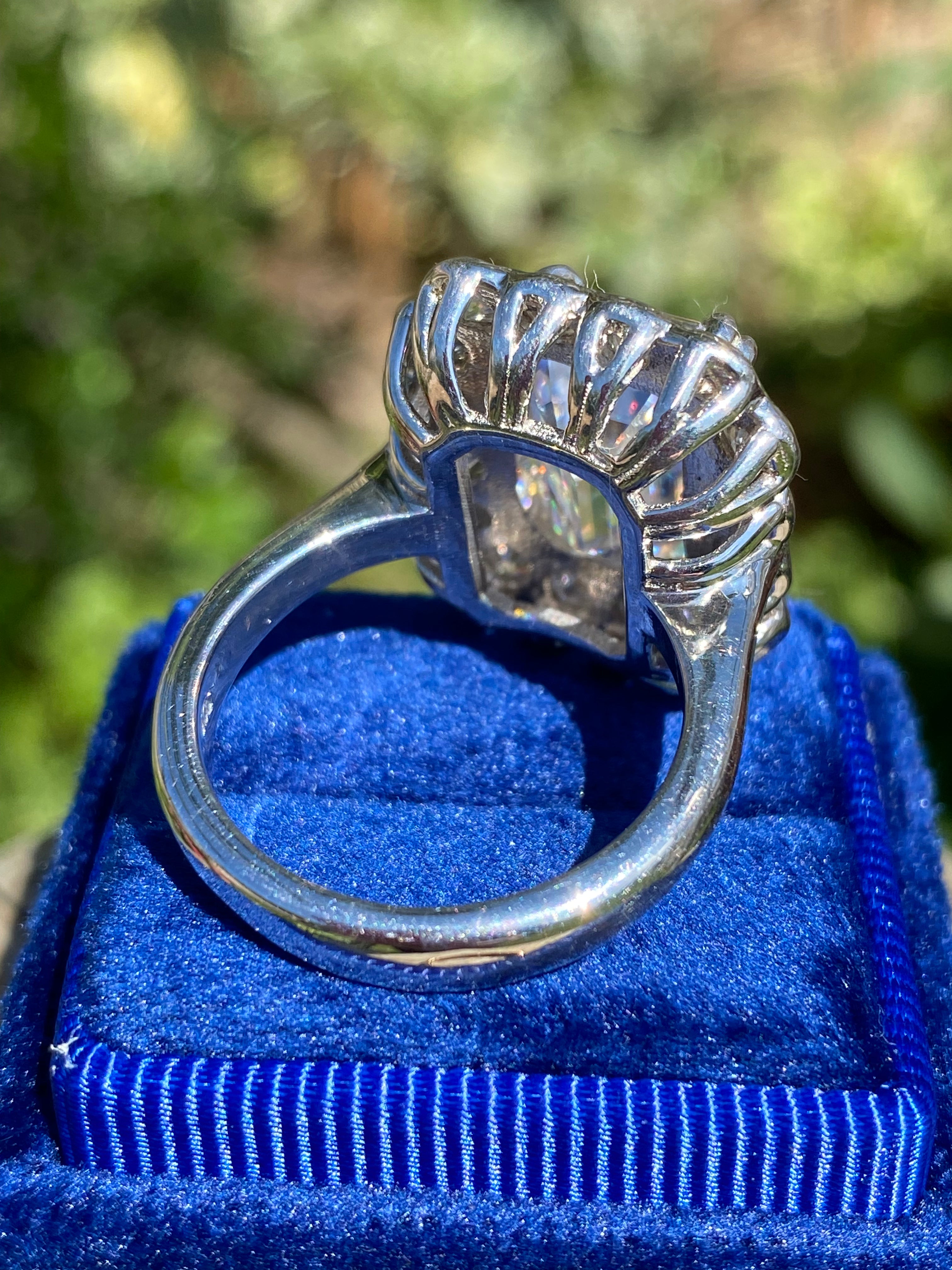 10.06 Carat Emerald Cut Moissanite Halo Engagement Ring in Sterling Silver