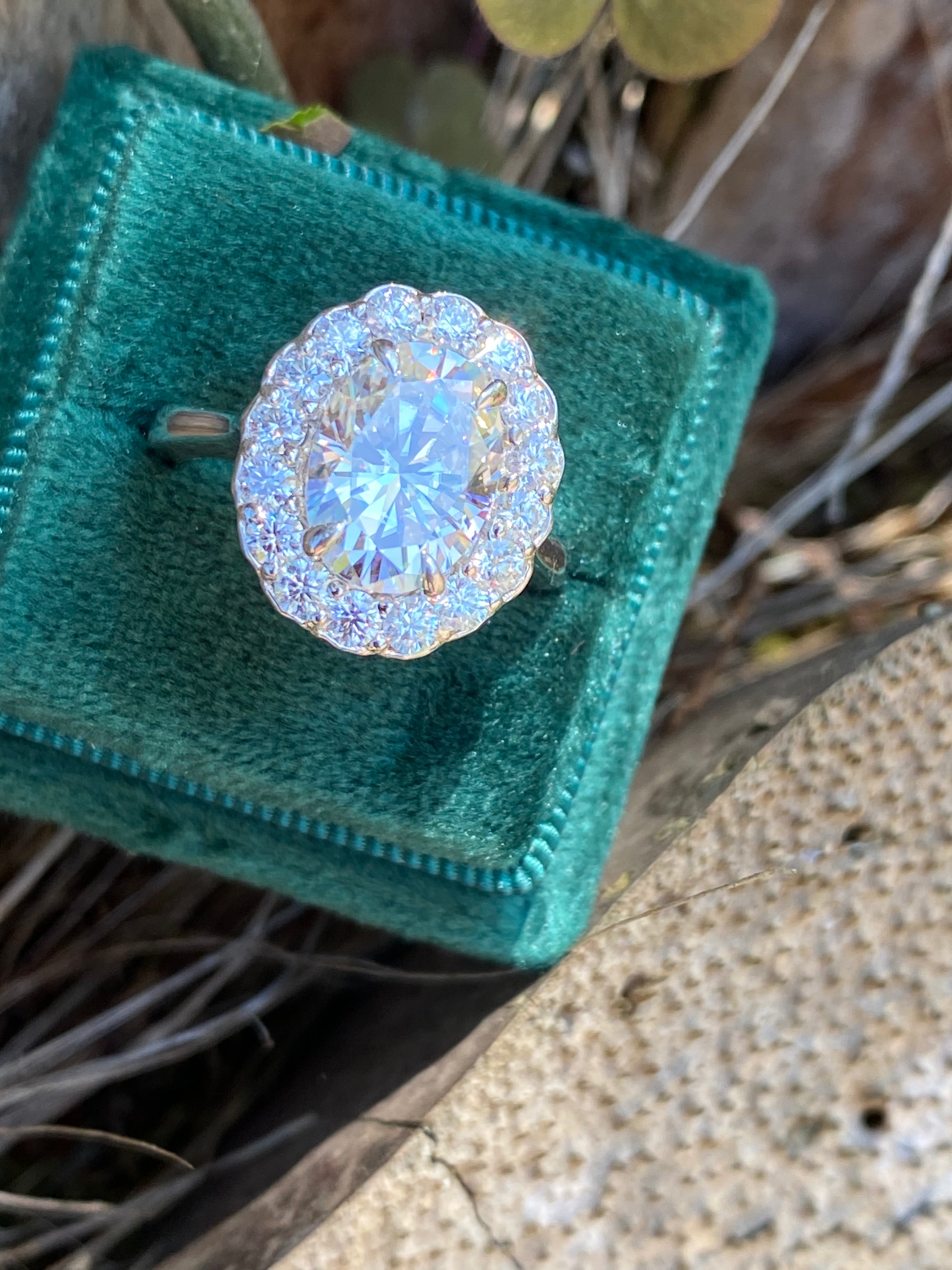 4.47 Carat Oval Cut Moissanite Oval Halo Ring in Sterling Silver