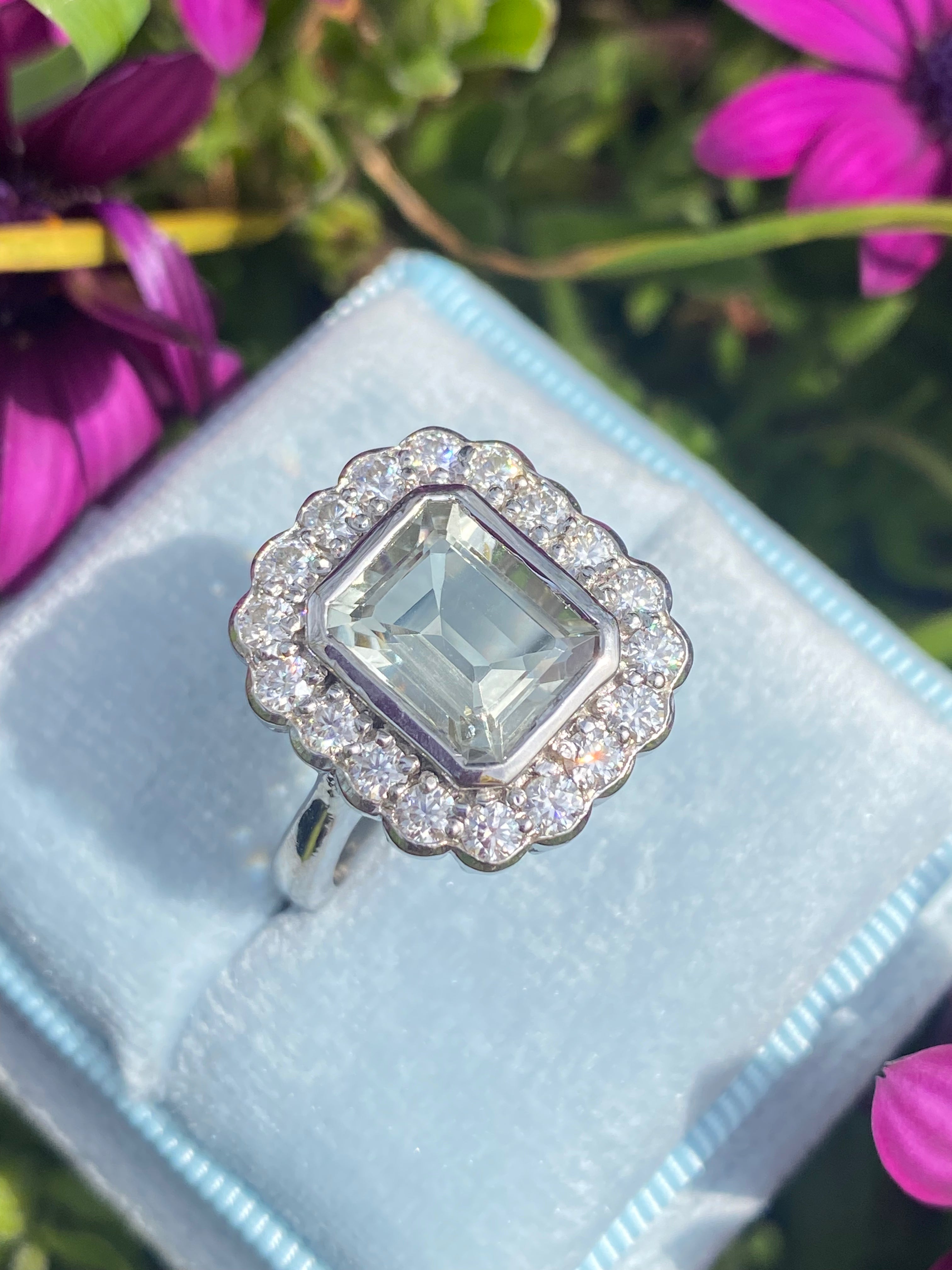 4.25 CTW Emerald Cut Green Amethyst and Moissanite Halo Cocktail Ring in Sterling Silver