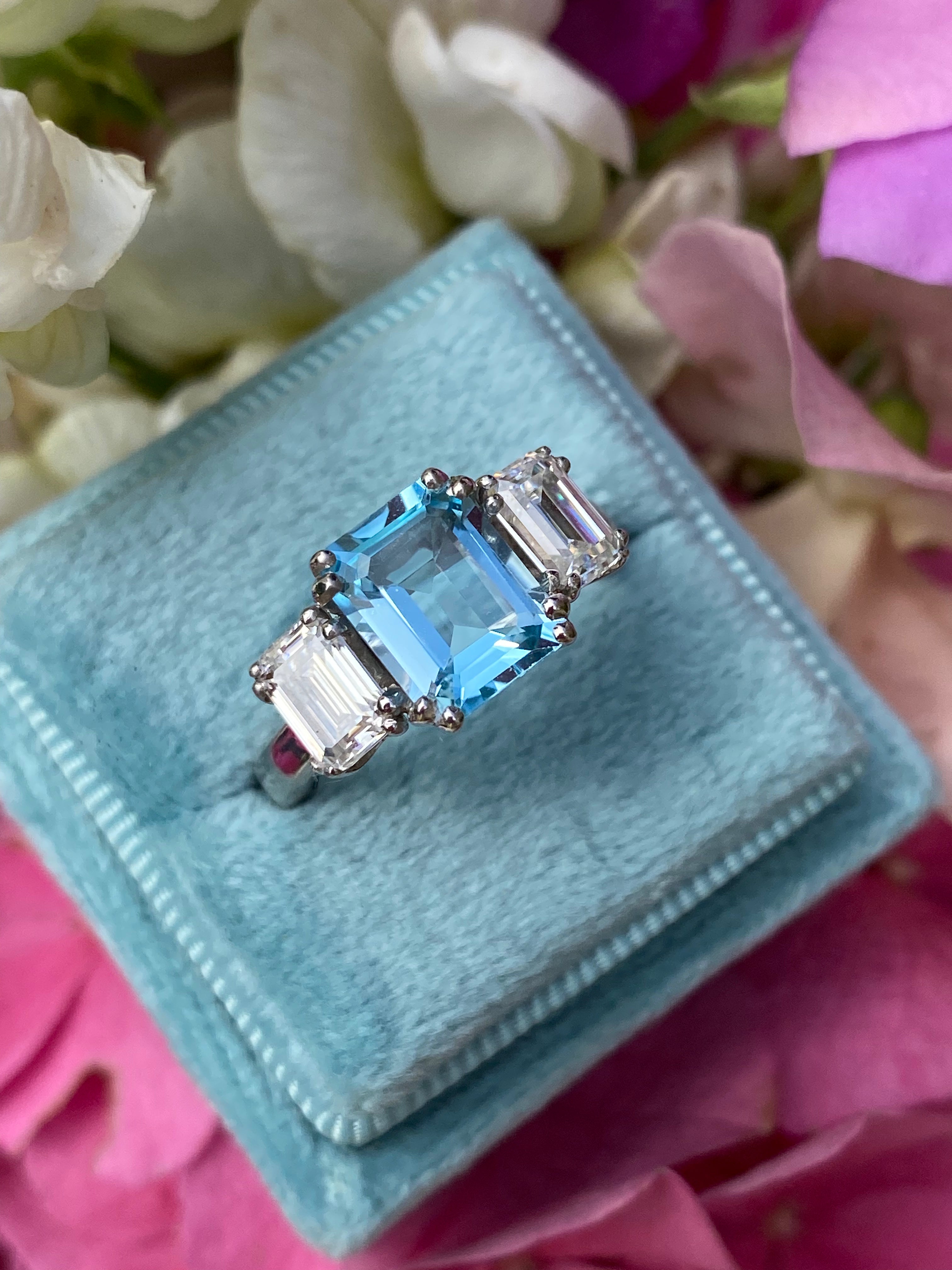 3.50 CTW Emerald Cut Blue Topaz and Moissanite Three Stone Ring in Sterling Silver