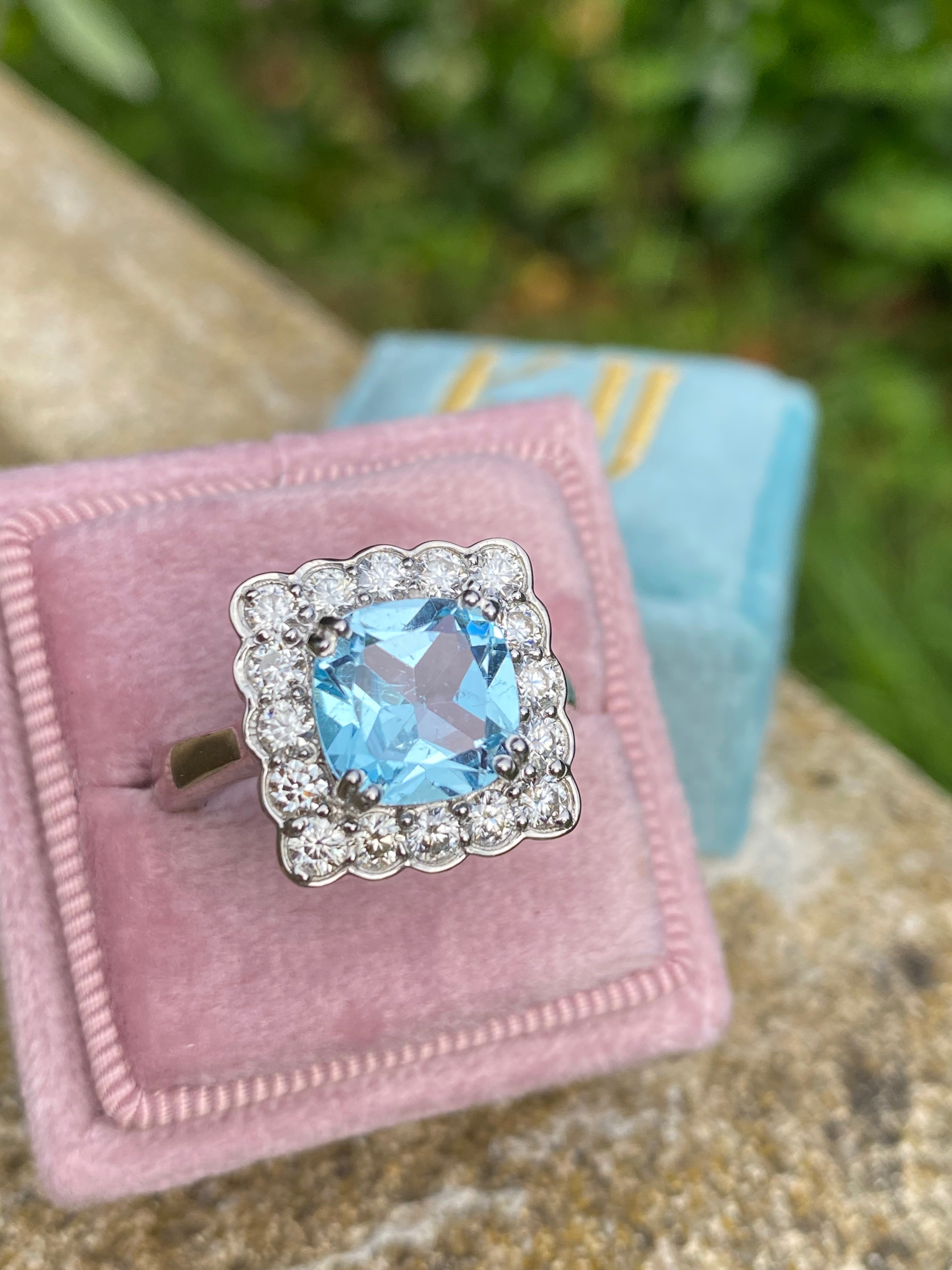 4.29 CTW Cushion Cut Blue Topaz and Moissanite Halo Cocktail Ring in Sterling Silver